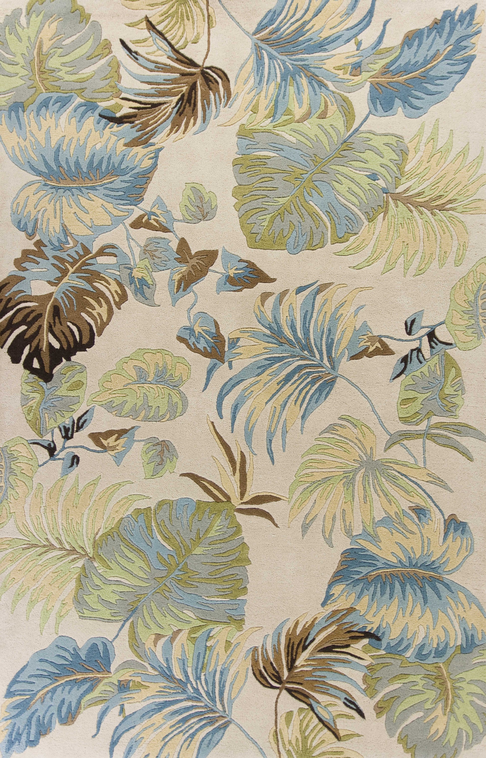 3'X4' Ivory Blue Hand Tufted Tropical Leaves Indoor Area Rug-353972-1