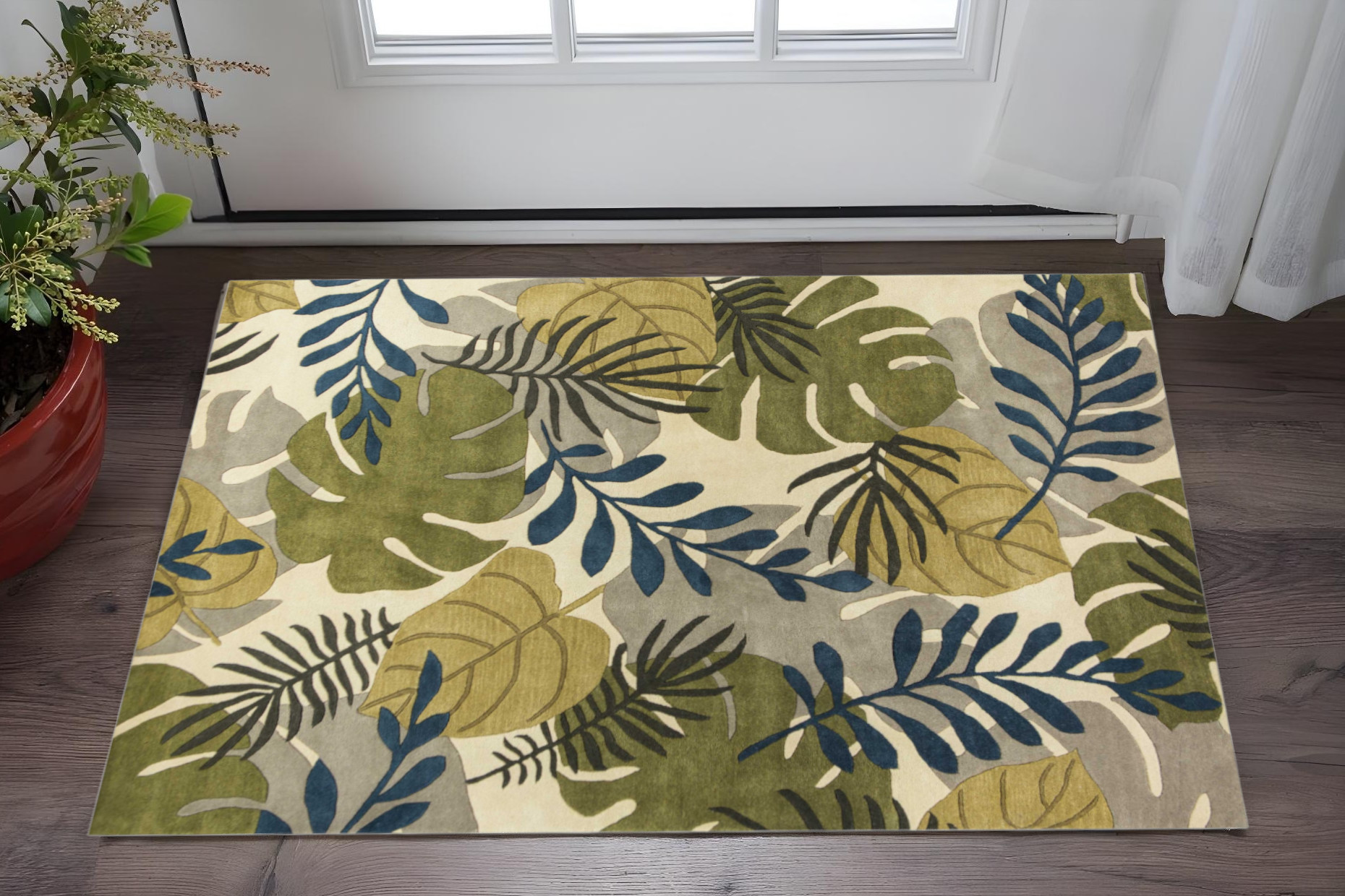 3' X 4' Ivory Green And Blue Wool Botanical Leaves Hand Tufted Area Rug-353975-1