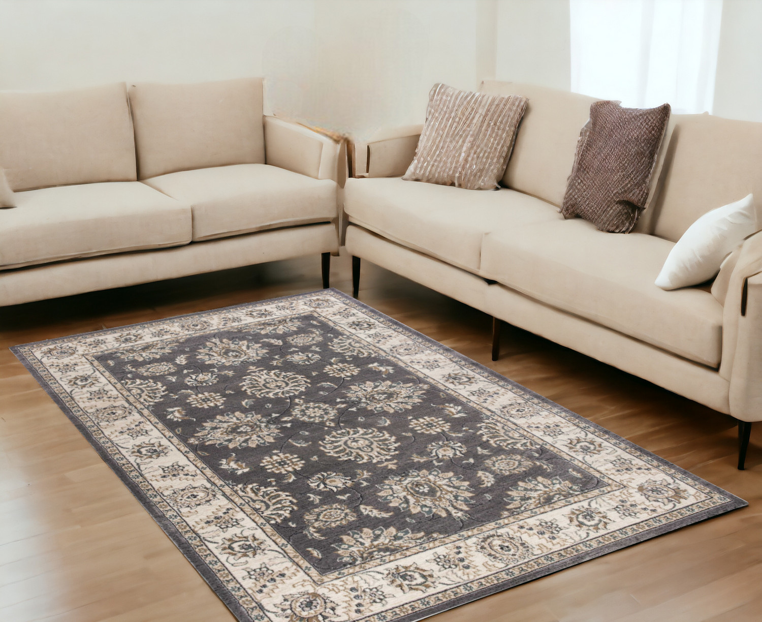 5' X 8' Grey Or Ivory Floral Vines Bordered Area Rug-354045-1