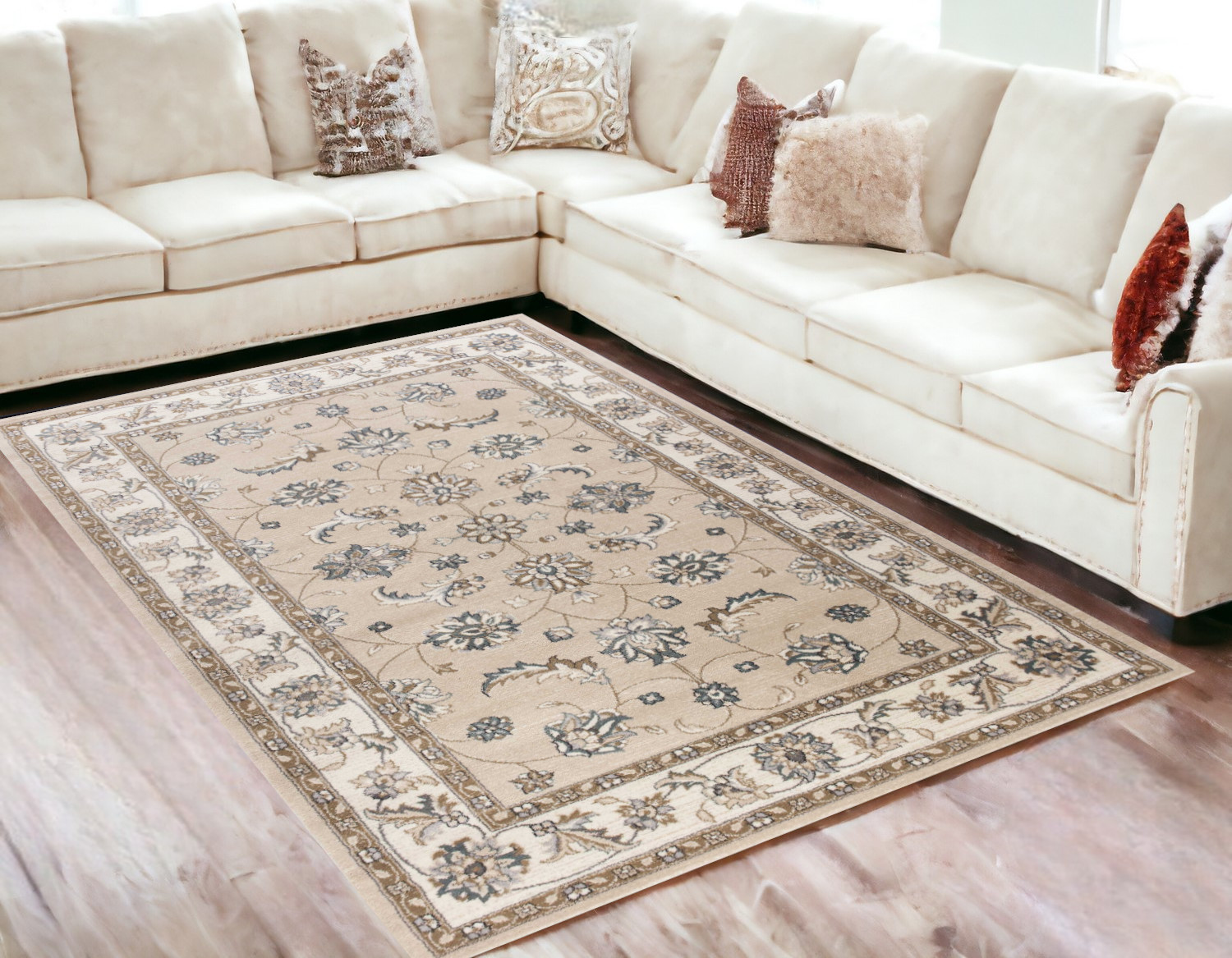 5'X8' Beige Ivory Bordered Floral Indoor Area Rug-354046-1