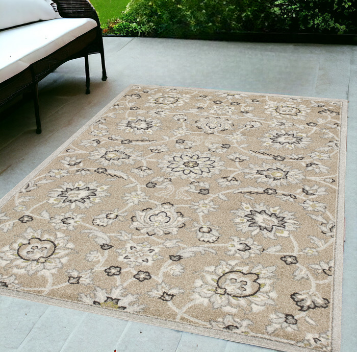 5'X8' Beige Grey Machine Woven Uv Treated Floral Traditional Indoor Outdoor Area Rug-354069-1