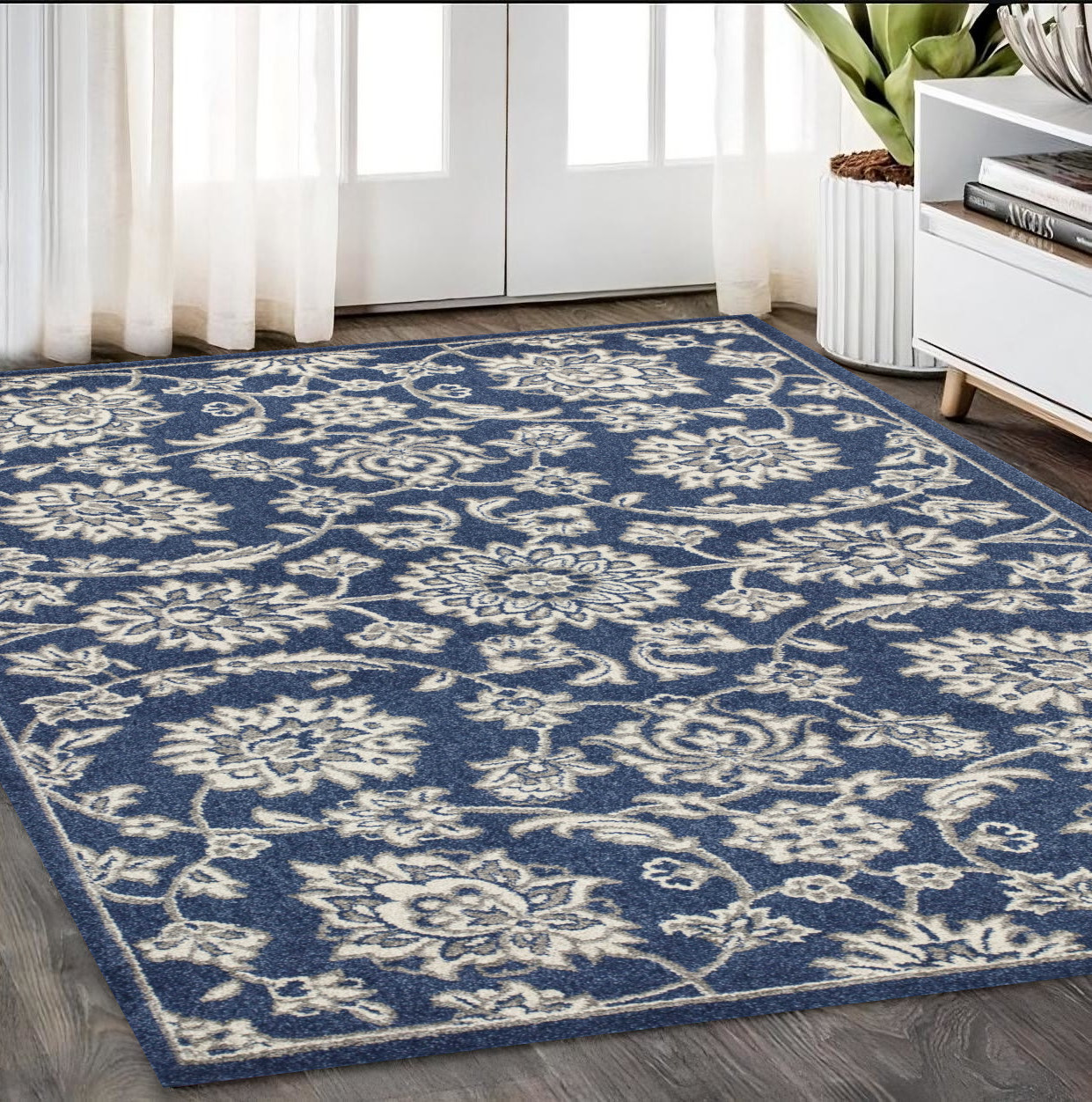 5' X 8' Denim Floral Vines Uv Treated Area Rug-354070-1