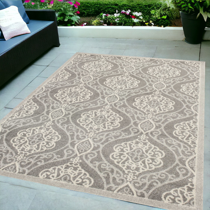 5'X8' Silver Machine Woven Uv Treated Floral Ogee Indoor Outdoor Area Rug-354073-1