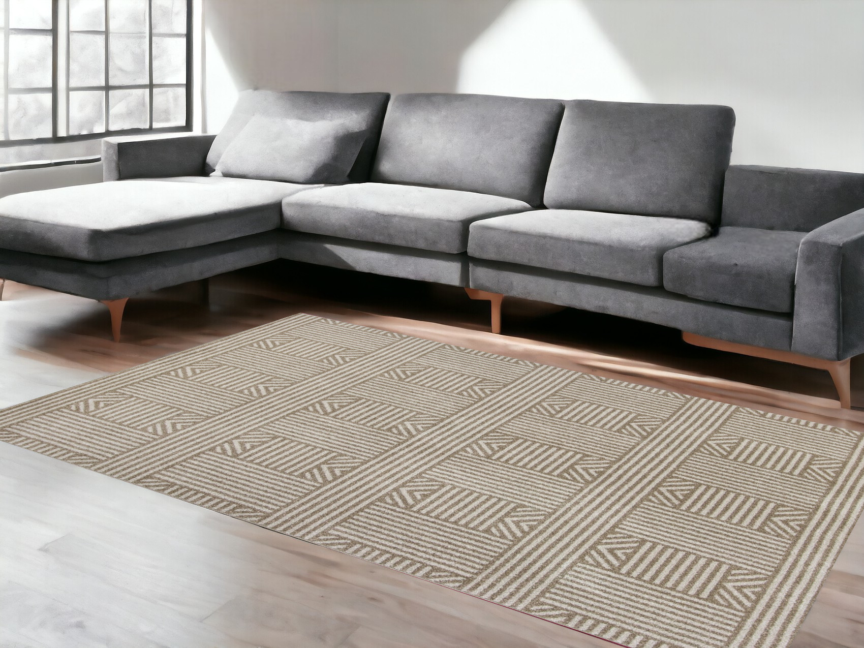 5' X 8' Beige Geometric Lines Uv Treated Area Rug-354074-1