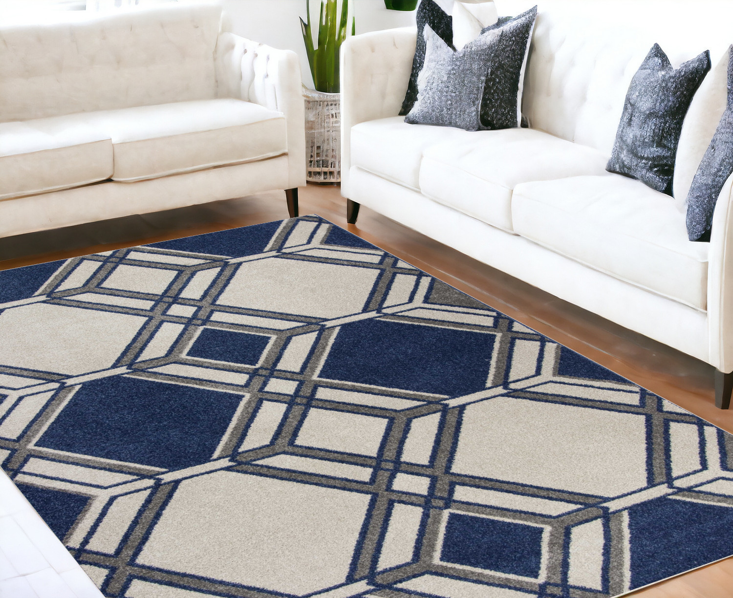 5' X 8' Ivory Or Denim Geometric Diamond Uv Treated Area Rug-354076-1