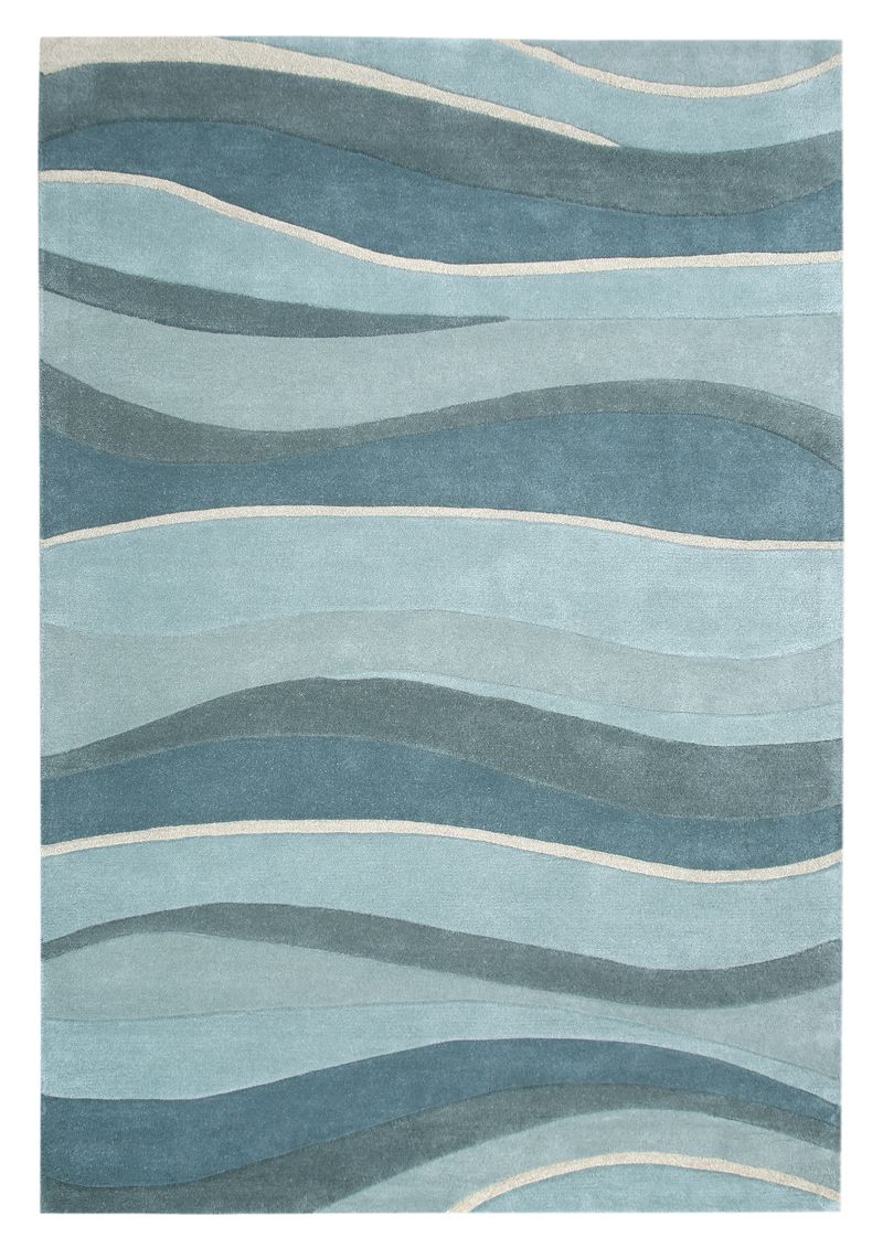8' Ocean Blue Teal Hand Tufted Abstract Waves Indoor Runner Rug-354085-1