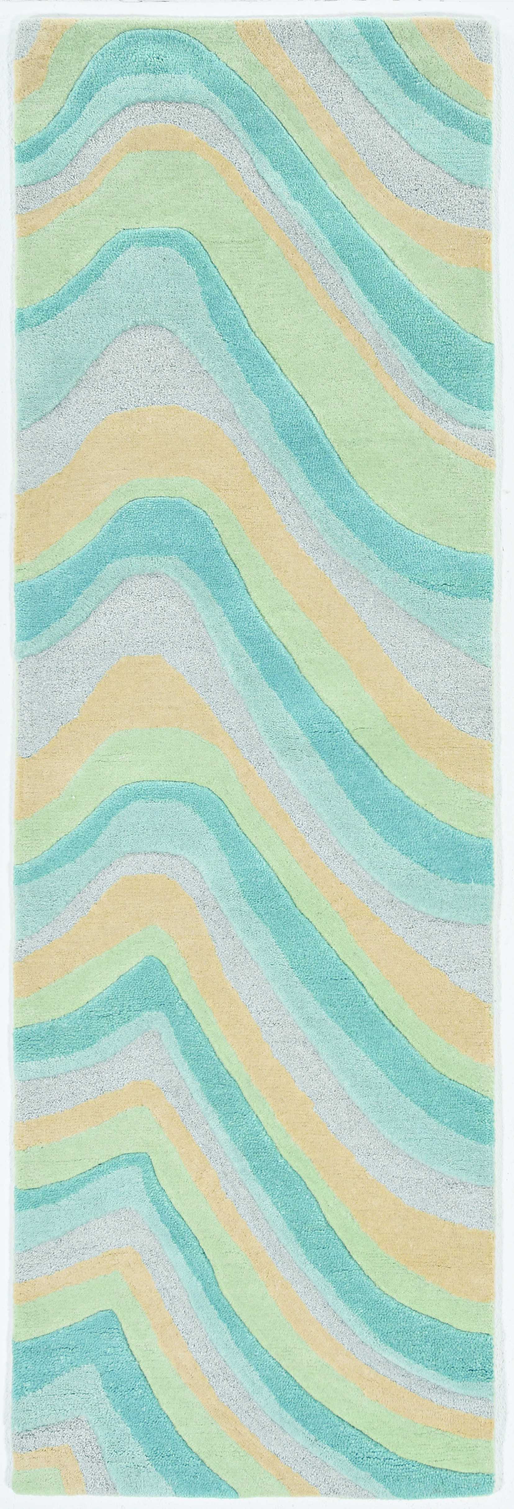 8' Ocean Blue Beige Hand Tufted Abstract Waves Indoor Runner Rug-354087-1