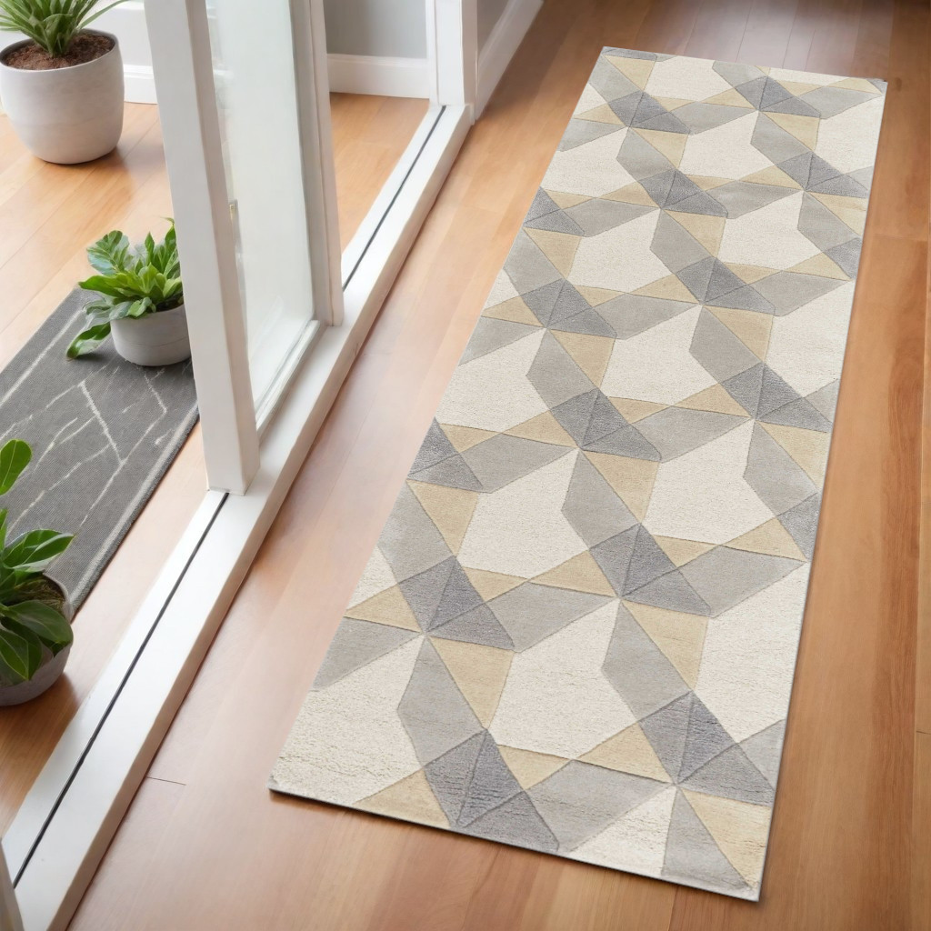 7' Ivory Gray And Cream Wool Geometric Hand Tufted Runner Rug-354088-1