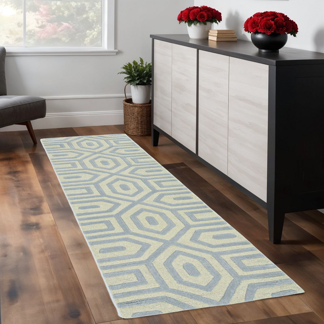 8' Grey Hand Tufted Geometric Indoor Runner Rug-354089-1