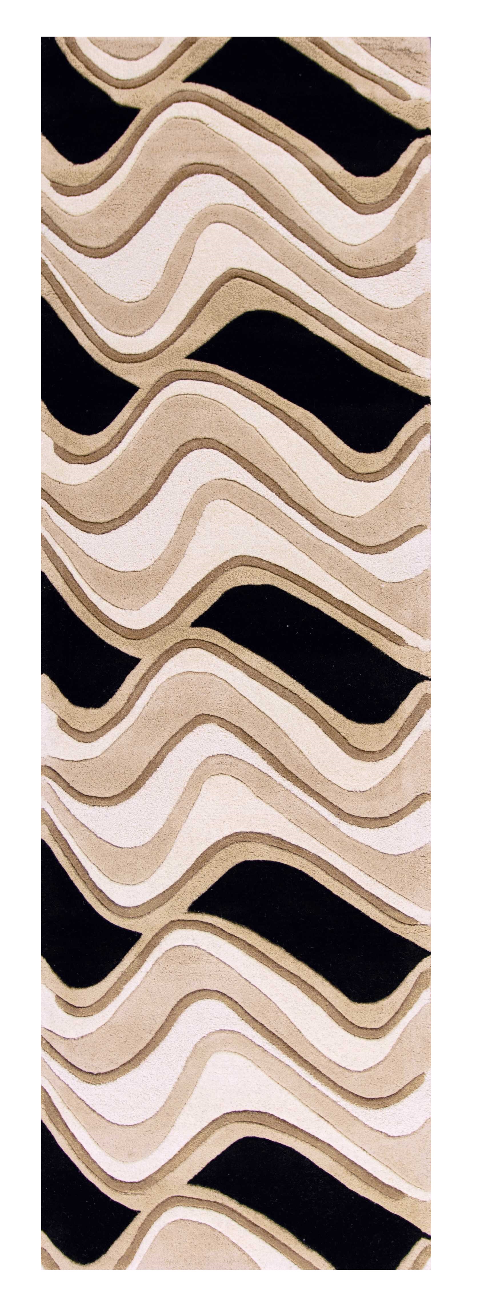 2' X 7' Black Or Beige Abstract Waves Wool Runner Rug-354091-1
