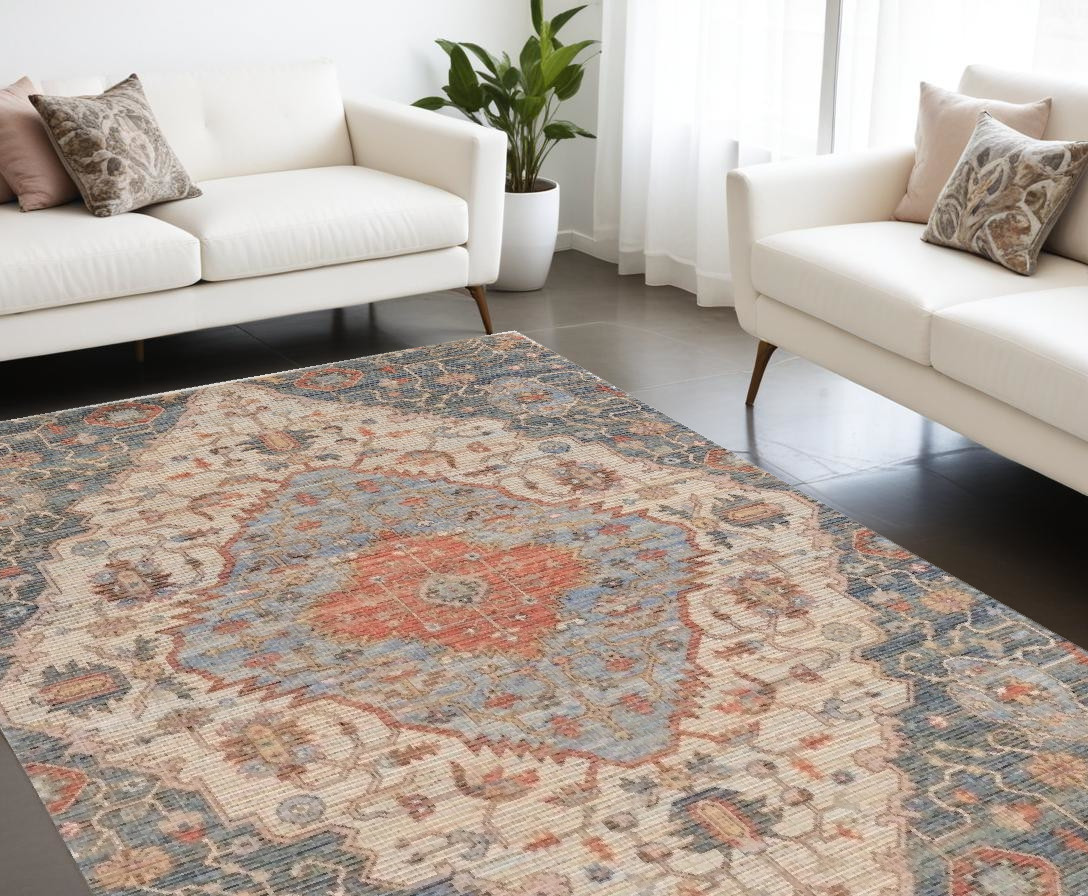 8' X 10' Blue Red Hand Woven Diamond Medallion Indoor Area Rug-354093-1