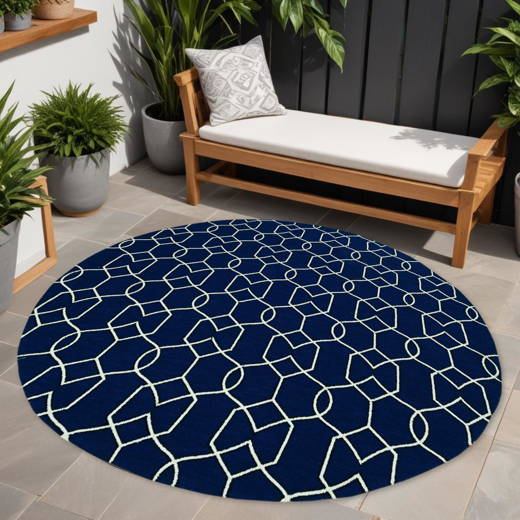 7' Navy Blue And White Round Moroccan Handmade Indoor Outdoor Area Rug-354095-1
