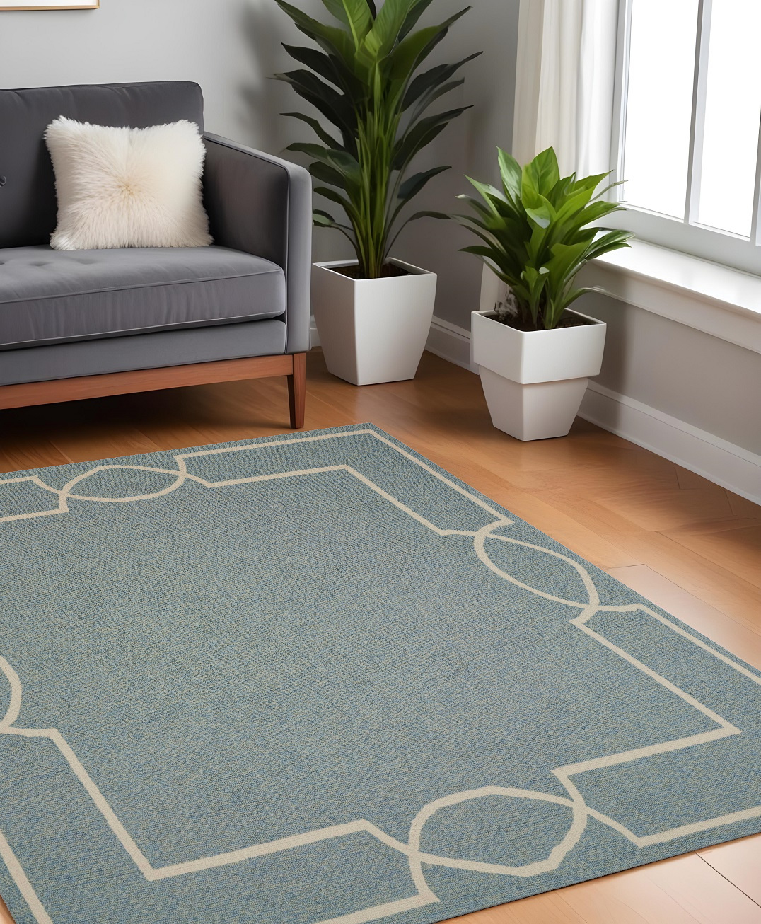 7' X 7' Blue and Ivory Geometric Hand Hooked Area Rug-354110-1