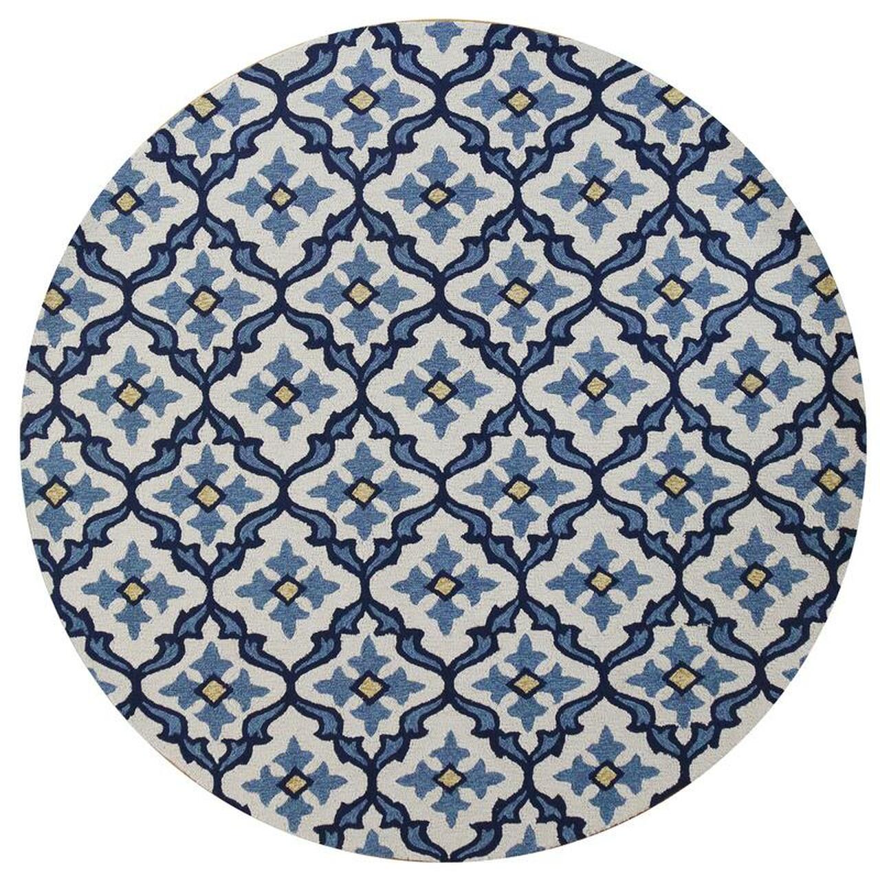 8'  Ivory Blue Hand Hooked Uv Treated Coastal Reef Round Indoor Outdoor Area Rug-354121-1