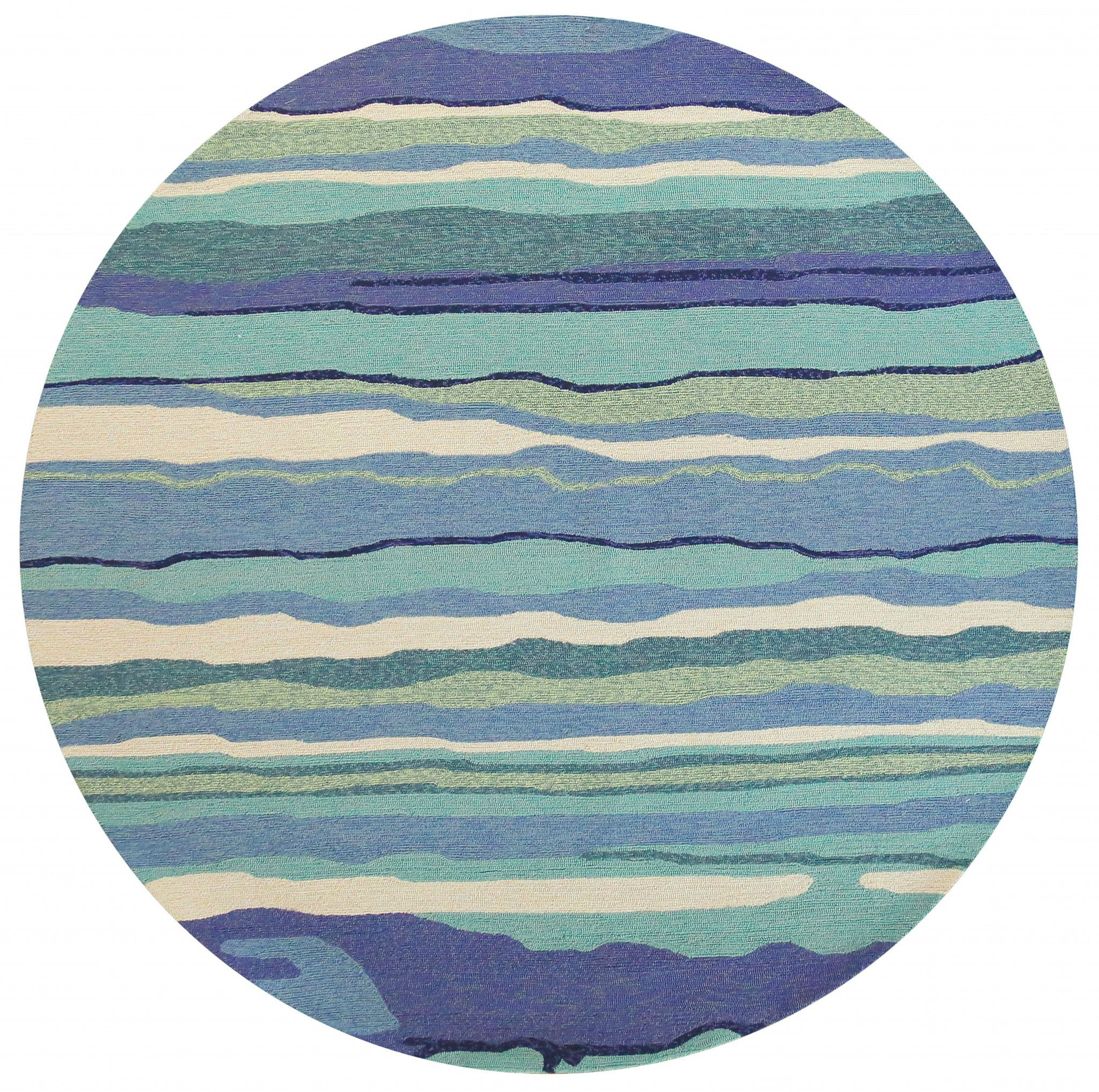 8' Ocean Blue Hand Hooked Uv Treated Abstract Waves Round Indoor Outdoor Area Rug-354123-1