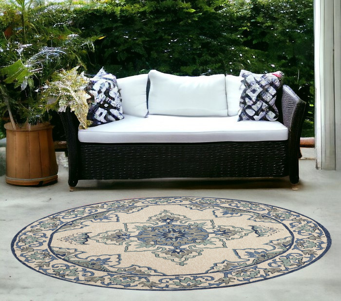 8' Ivory Blue Hand Hooked Uv Treated Floral Medallion Round Indoor Outdoor Area Rug-354131-1