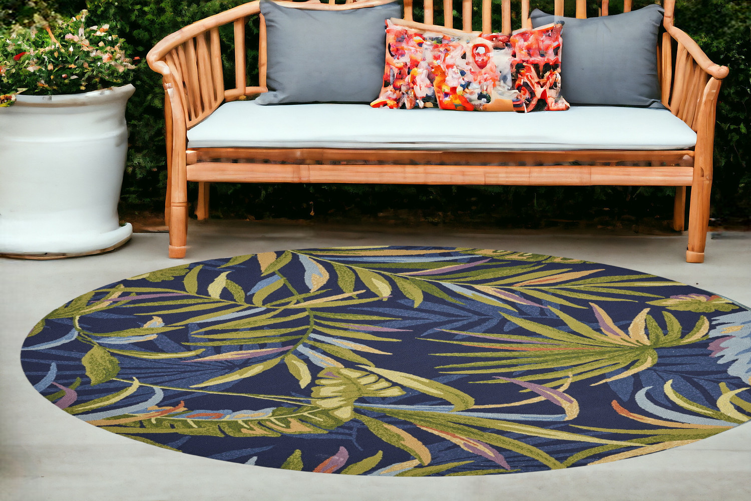 8' Ink Blue Hand Hooked Uv Treated Oversized Tropical Leaves Round Indoor Outdoor Area Rug-354134-1