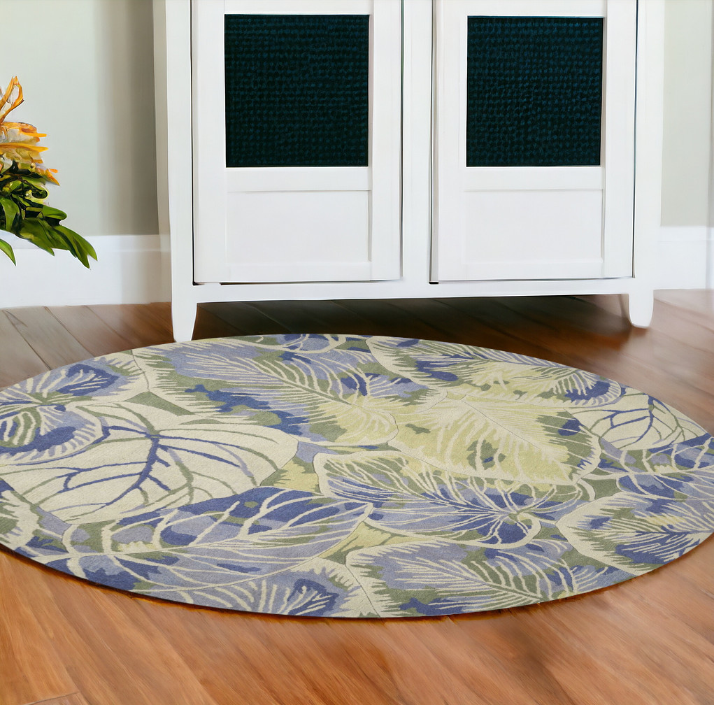 6' Blue Green Hand Tufted Tropical Leaves Round Indoor Area Rug-354145-1