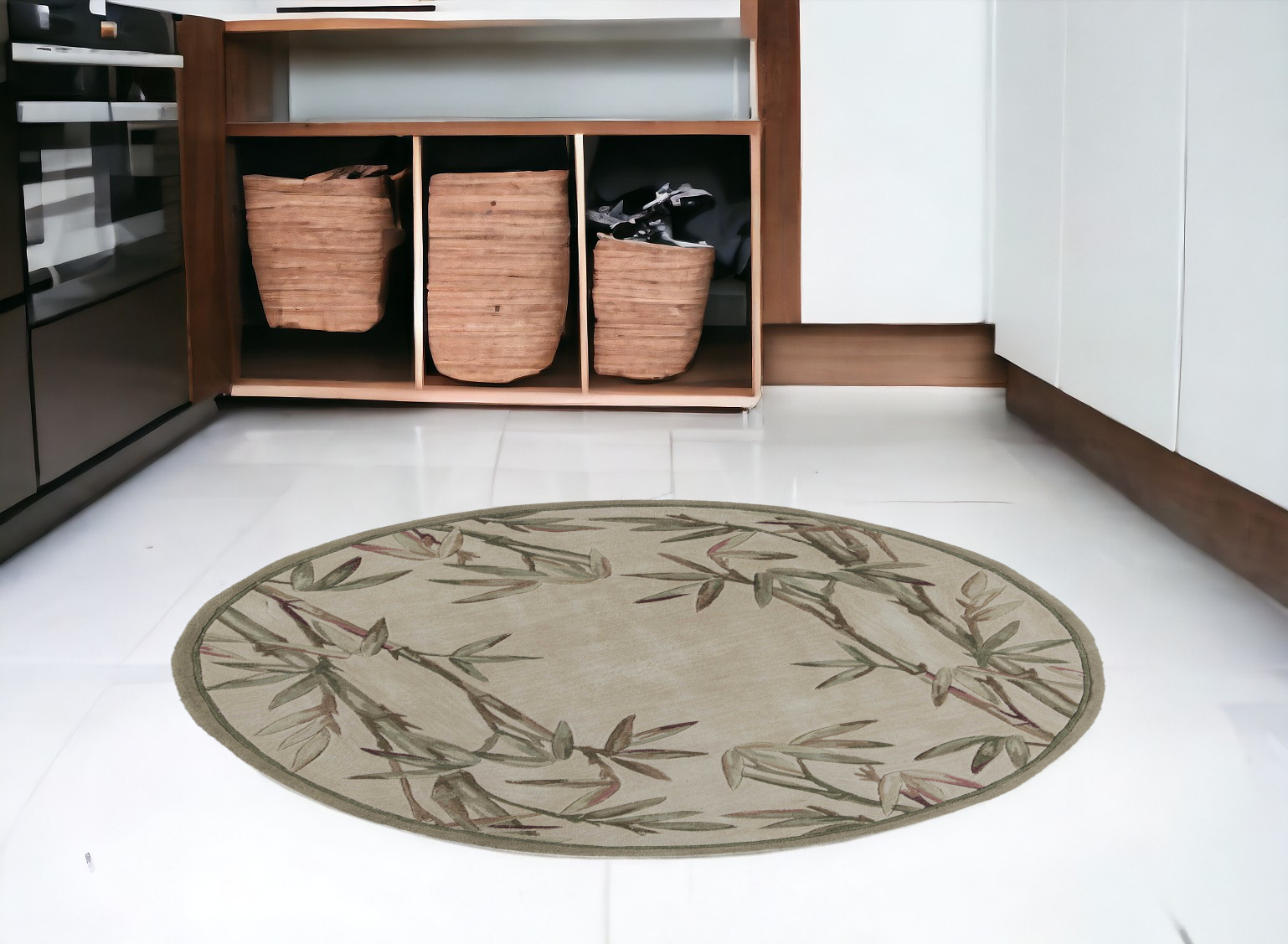 6' Ivory Hand Tufted Tropical Bamboo Round Indoor Area Rug-354151-1