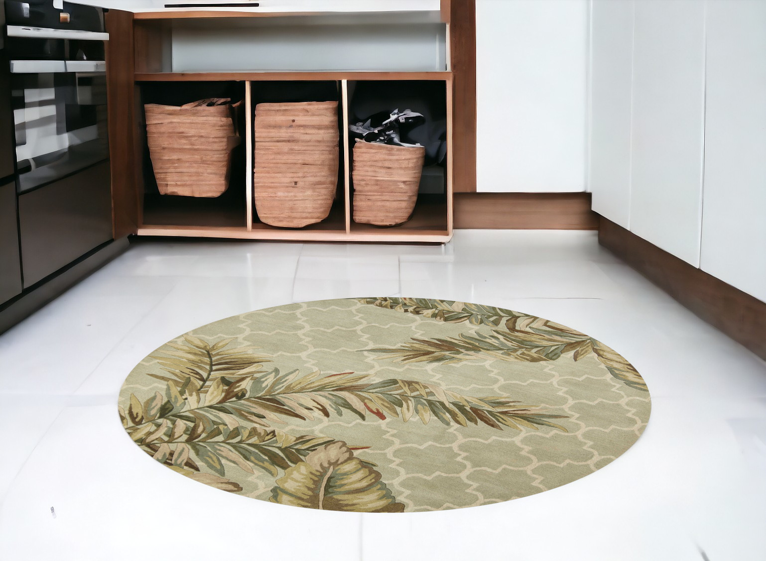 6' Sage Round Wool Tropical Botanical Hand Tufted Area Rug-354155-1