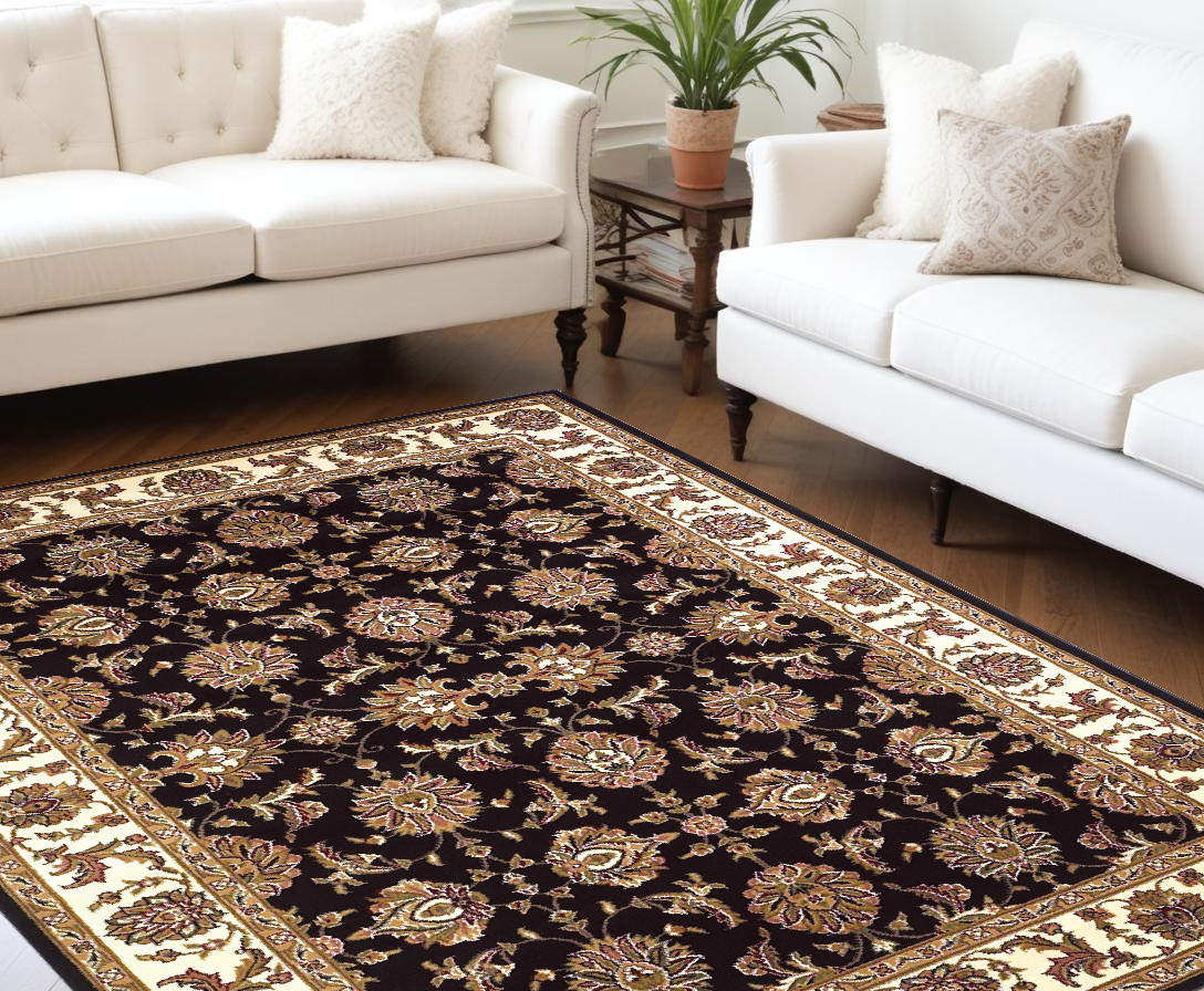 8' X 11' Black Ivory And Taupe Floral Area Rug-354175-1