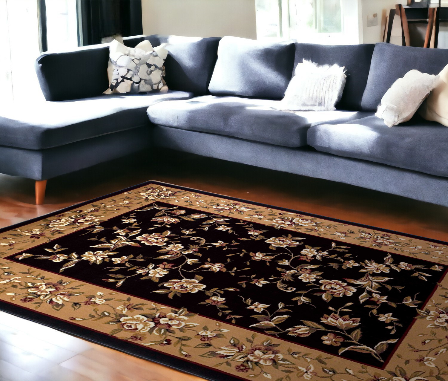 7' X 10' Beige and Black Area Rug-354183-1
