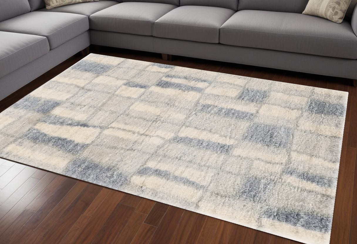 7' X 9' Ivory and Blue Area Rug-354196-1