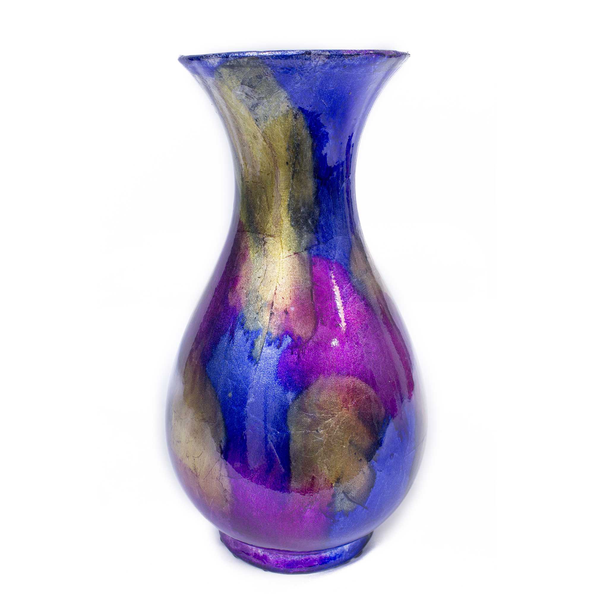 6.25" X 6.25" X 12.75" Blue Yellow Purple Ceramic Foiled and Lacquered Trumpet Vase