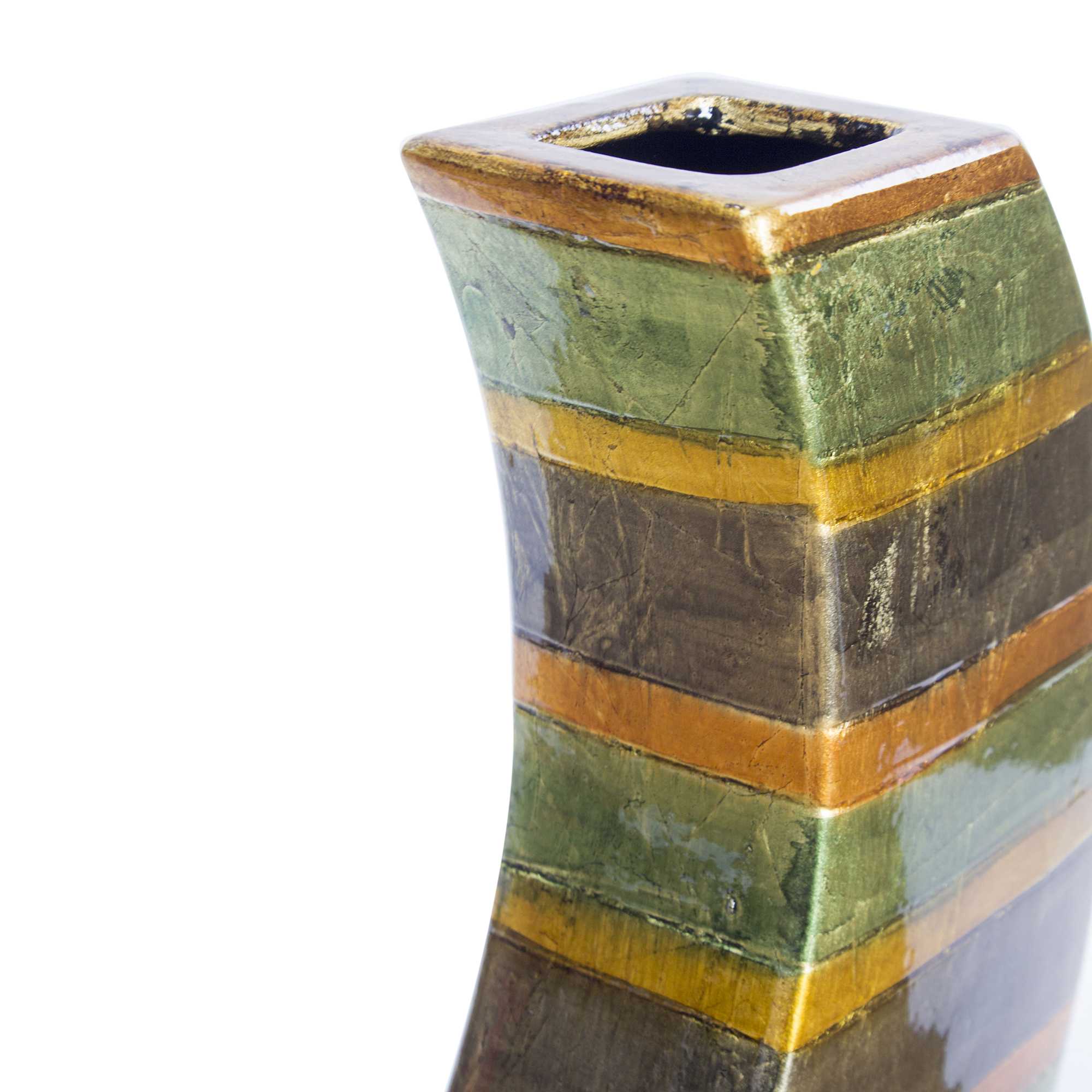 Contemporary Orange Green Amber Brown Ceramic Lacquer Stripe Leaning Vase