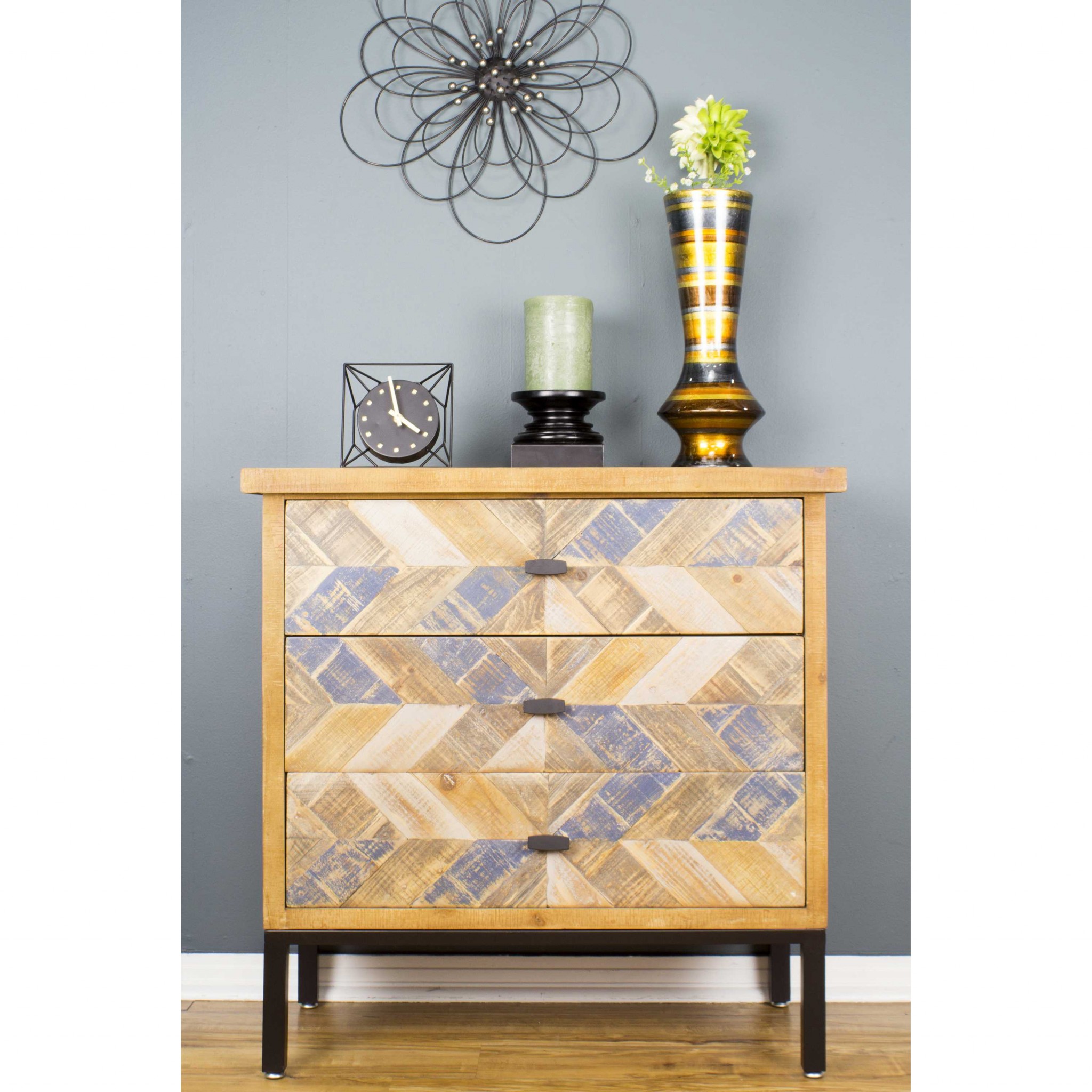 31.5" X 15" X 31.8" Elm with Gray Iron Wood MDF 3 Drawer Parquet Accent Cabinet