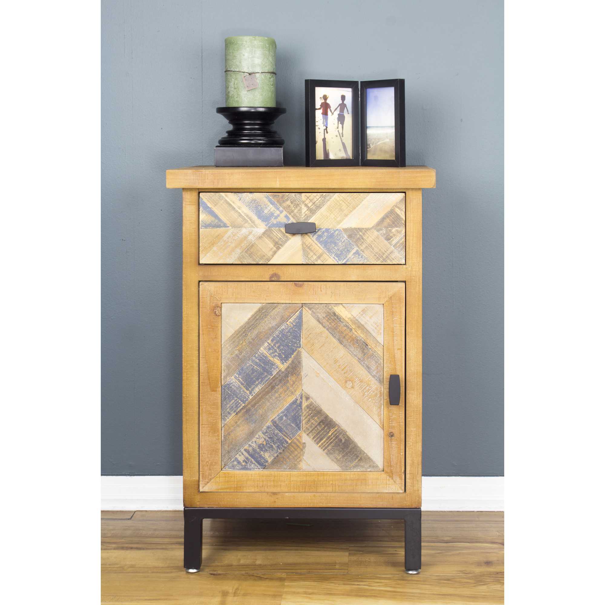 18.9" X 15" X 28.7" Elm with Gray Iron Wood MDF 2 Drawer Parquet Accent Cabinet