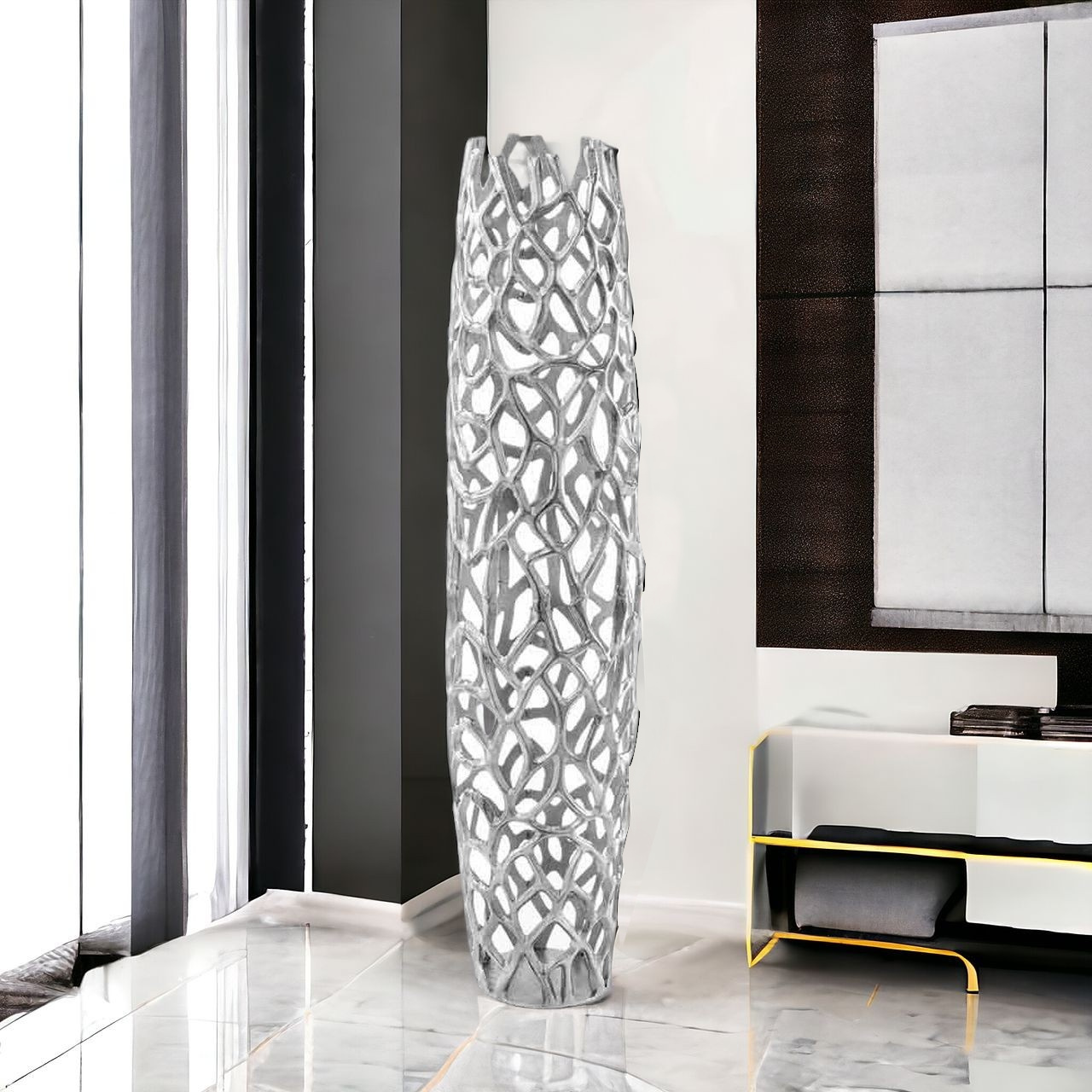 40" Aluminum Silver Twigs Cylinder Floor Vase-354633-1