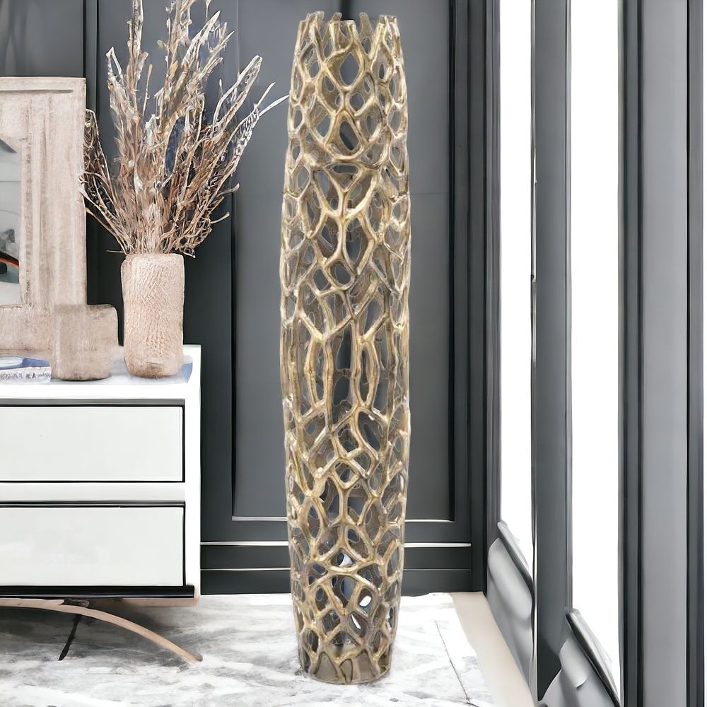 47" Aluminum Gold Twigs Cylinder Floor Vase-354653-1