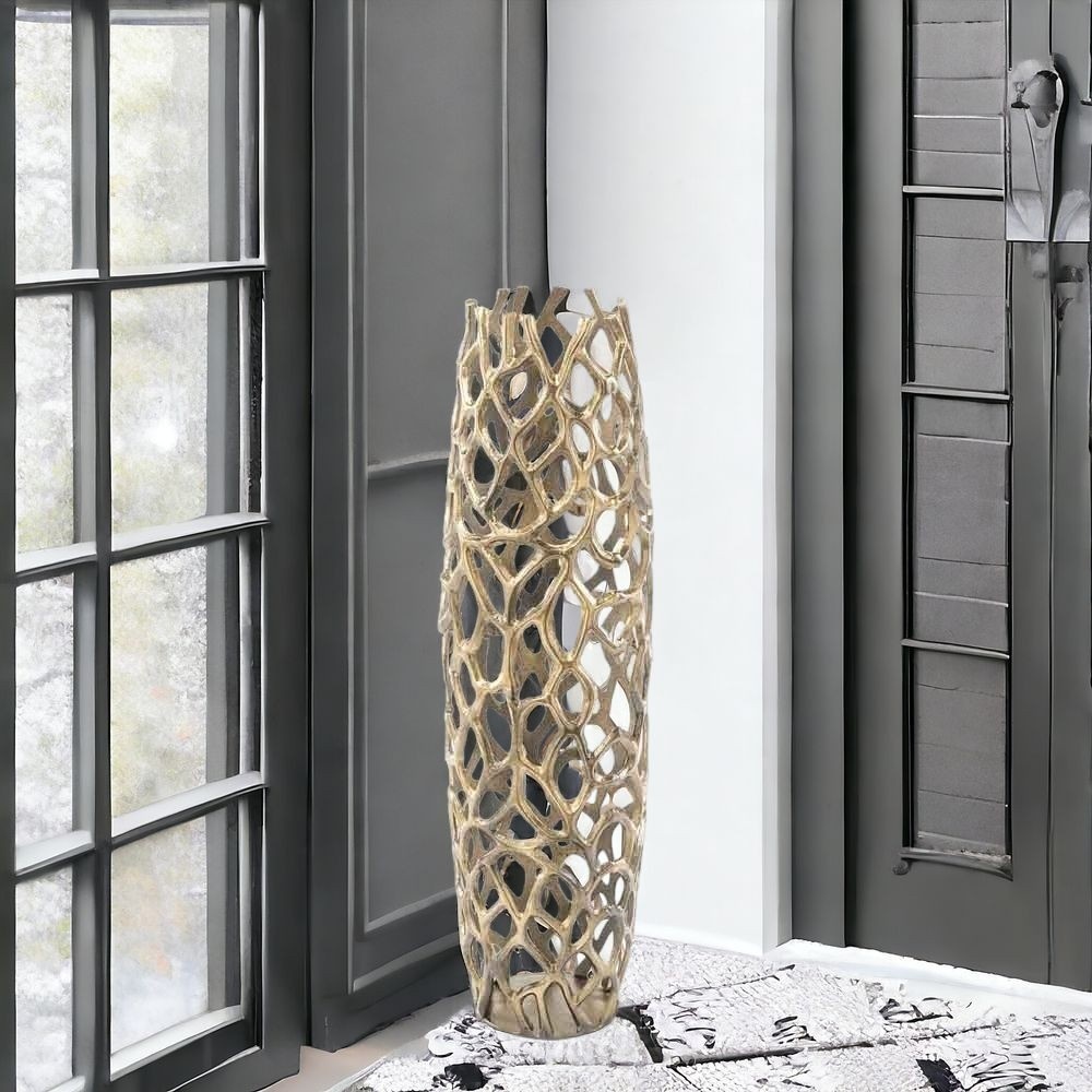 32" Aluminum Gold Twigs Cylinder Floor Vase-354655-1