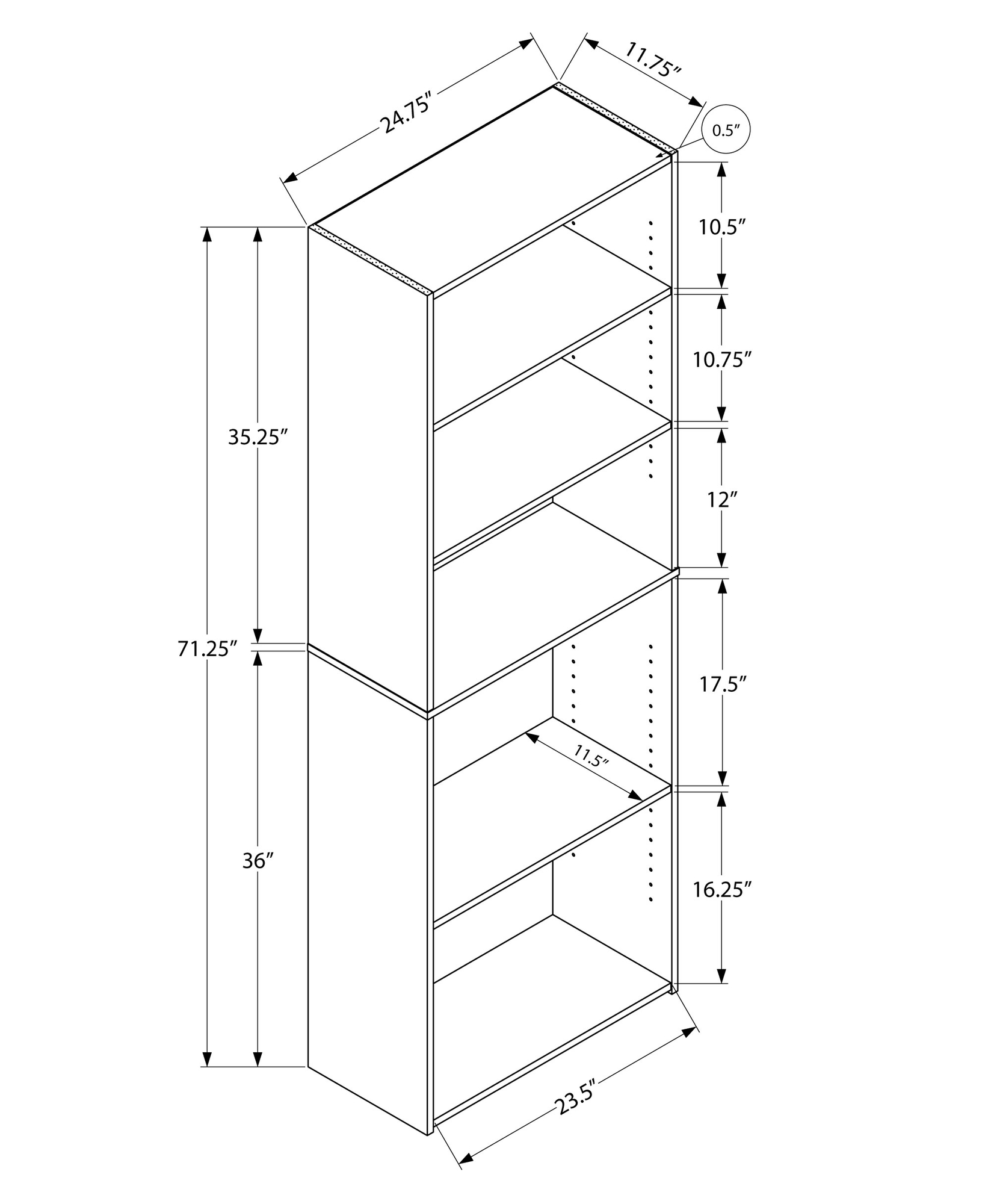 11.75" x 24.75" x 71.25" Cappuccino 5 Shelves Bookcase