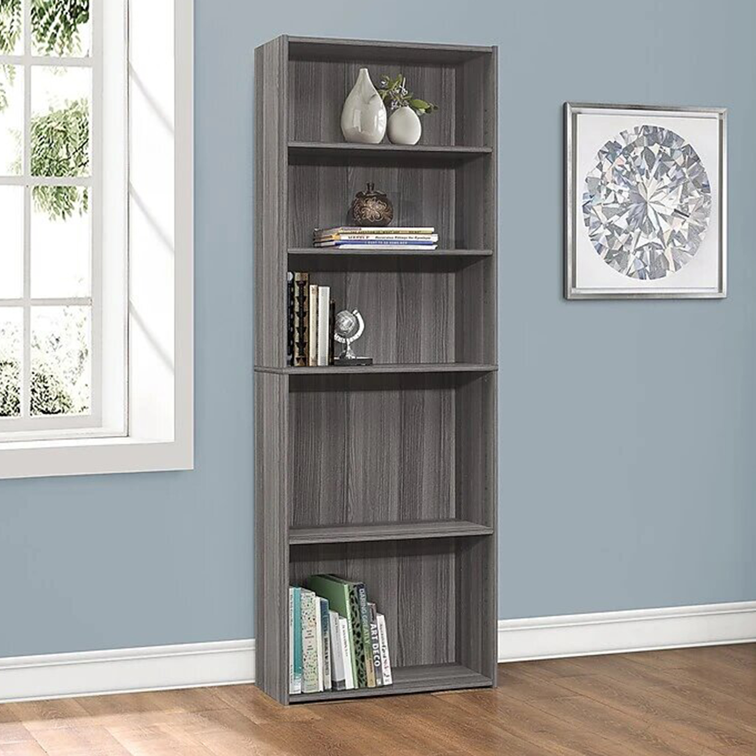 11.75" x 24.75" x 71.25" Grey 5 Shelves Bookcase