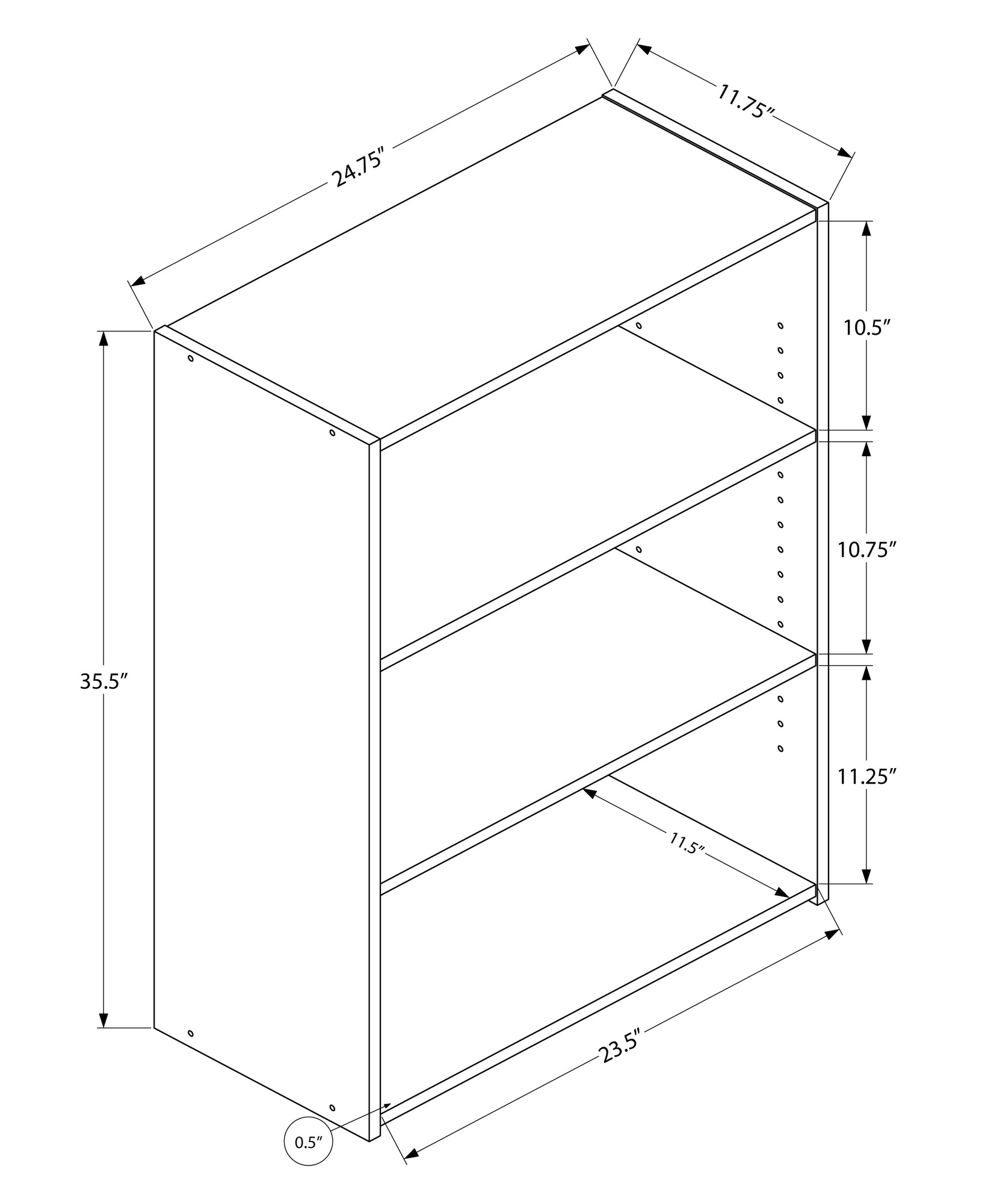 11.75" x 24.75" x 35.5" White 3 Shelves Bookcase
