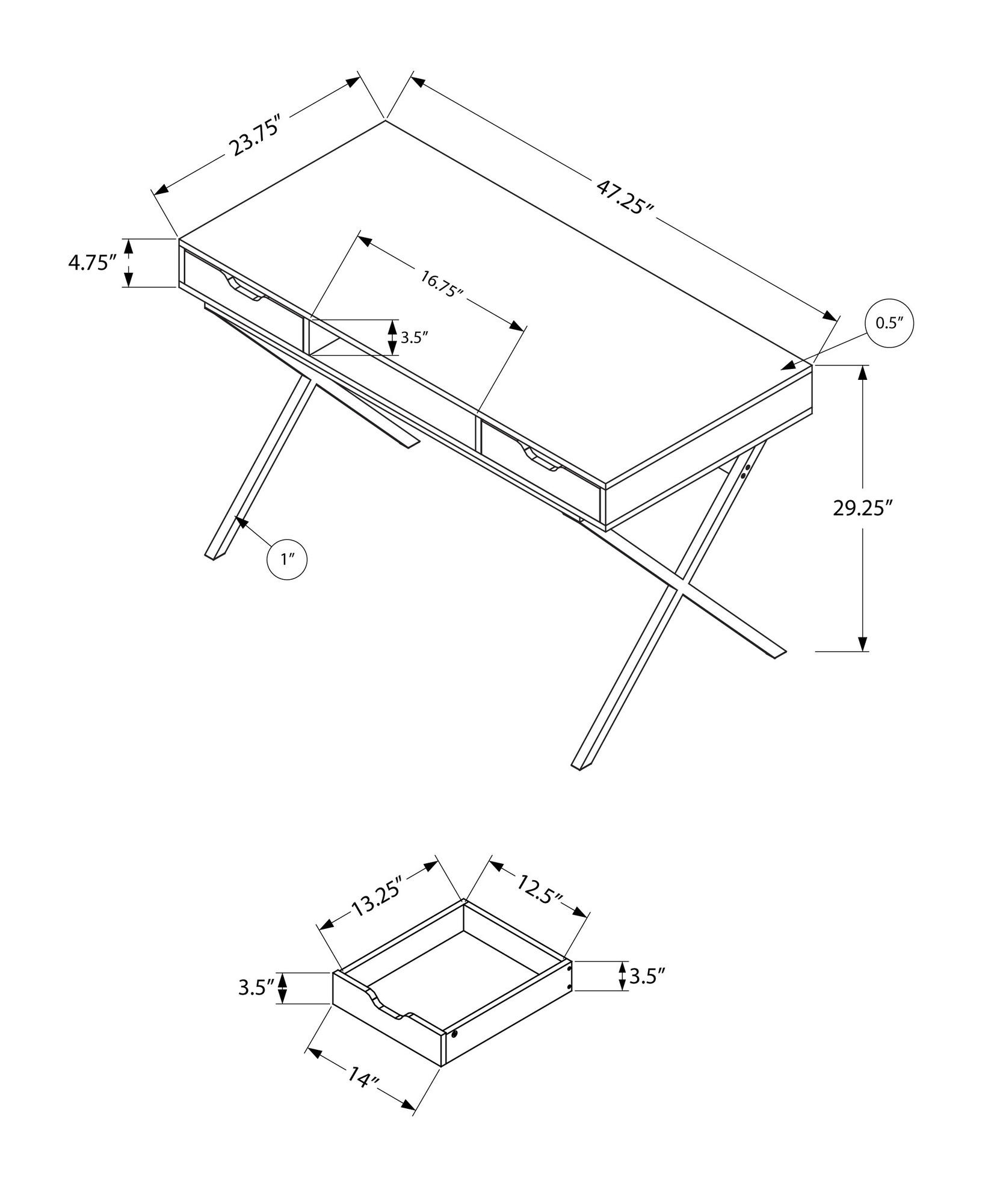 23.75" x 47.25" x 29.25" CappuccinoGold Metal Computer Desk