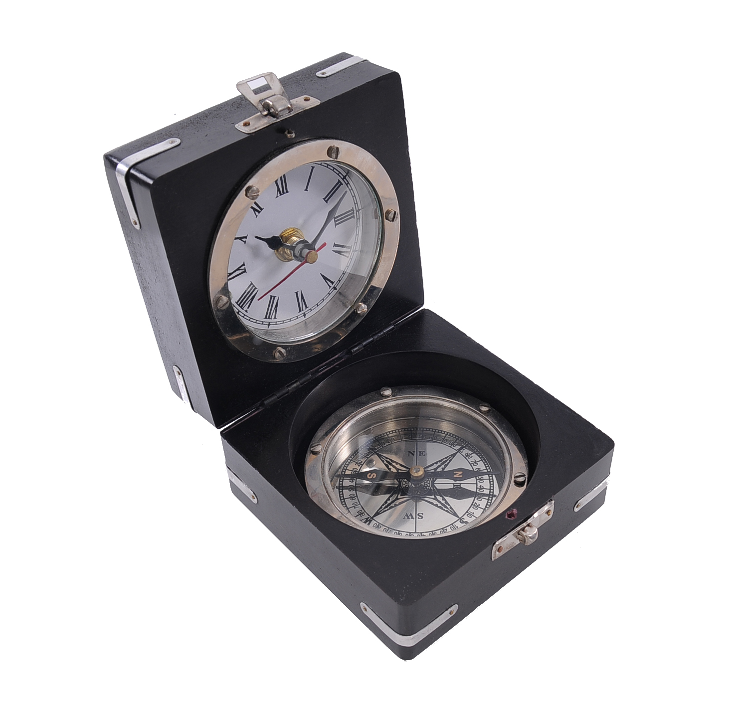 4.25" x 6" x 5.5" Brass Compass & Clock with Wooden Case