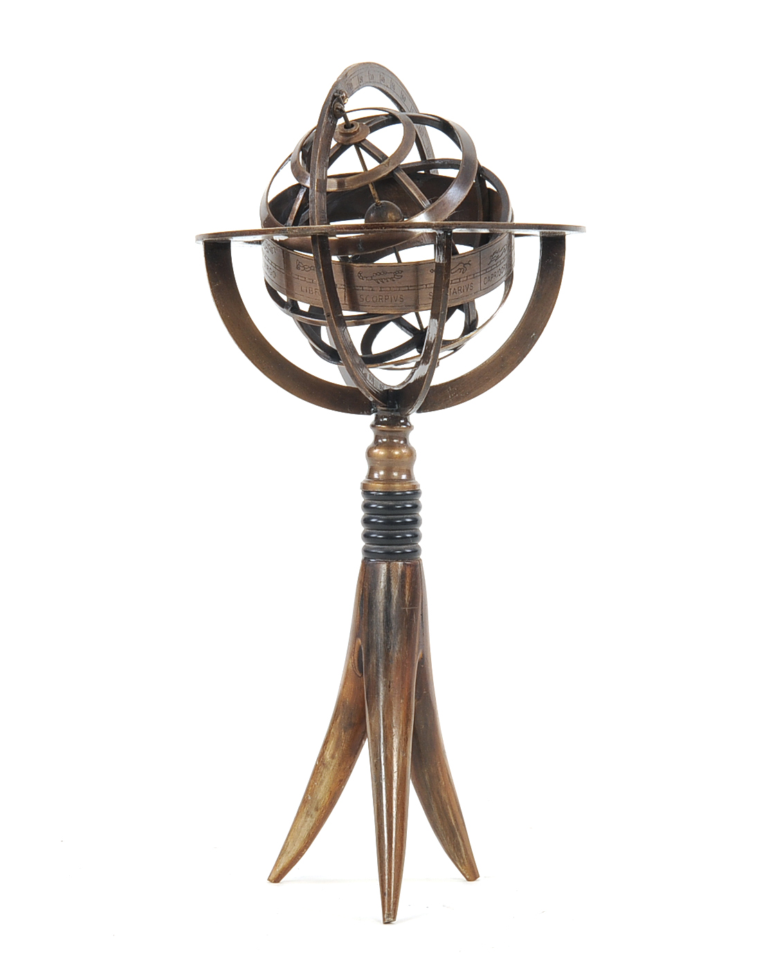 5.5" x 5.5" x 12" Brass Armillary On Horn Stand