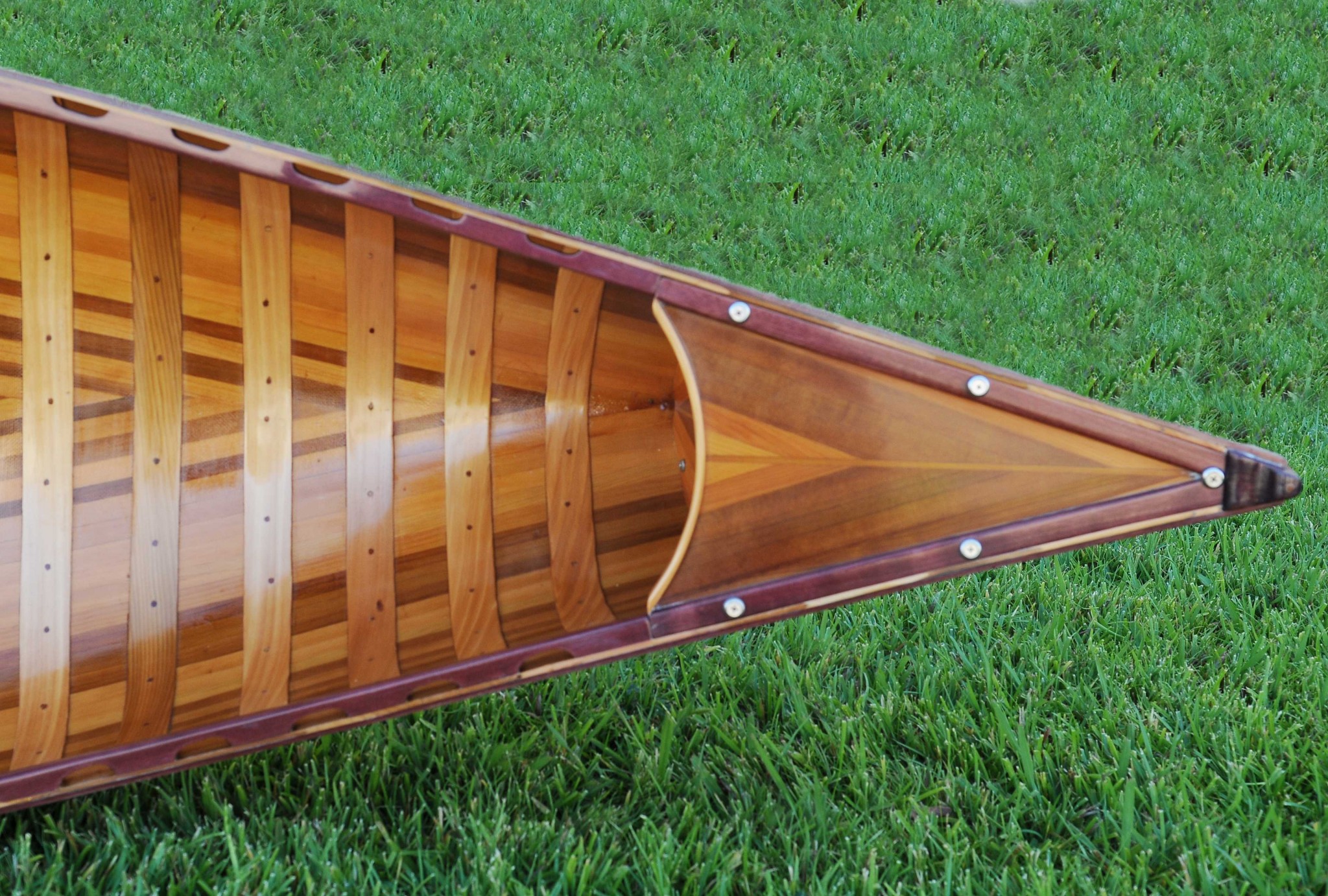 26.5" x 117" x 20" Red Wooden Canoe With Ribs Curved Bow