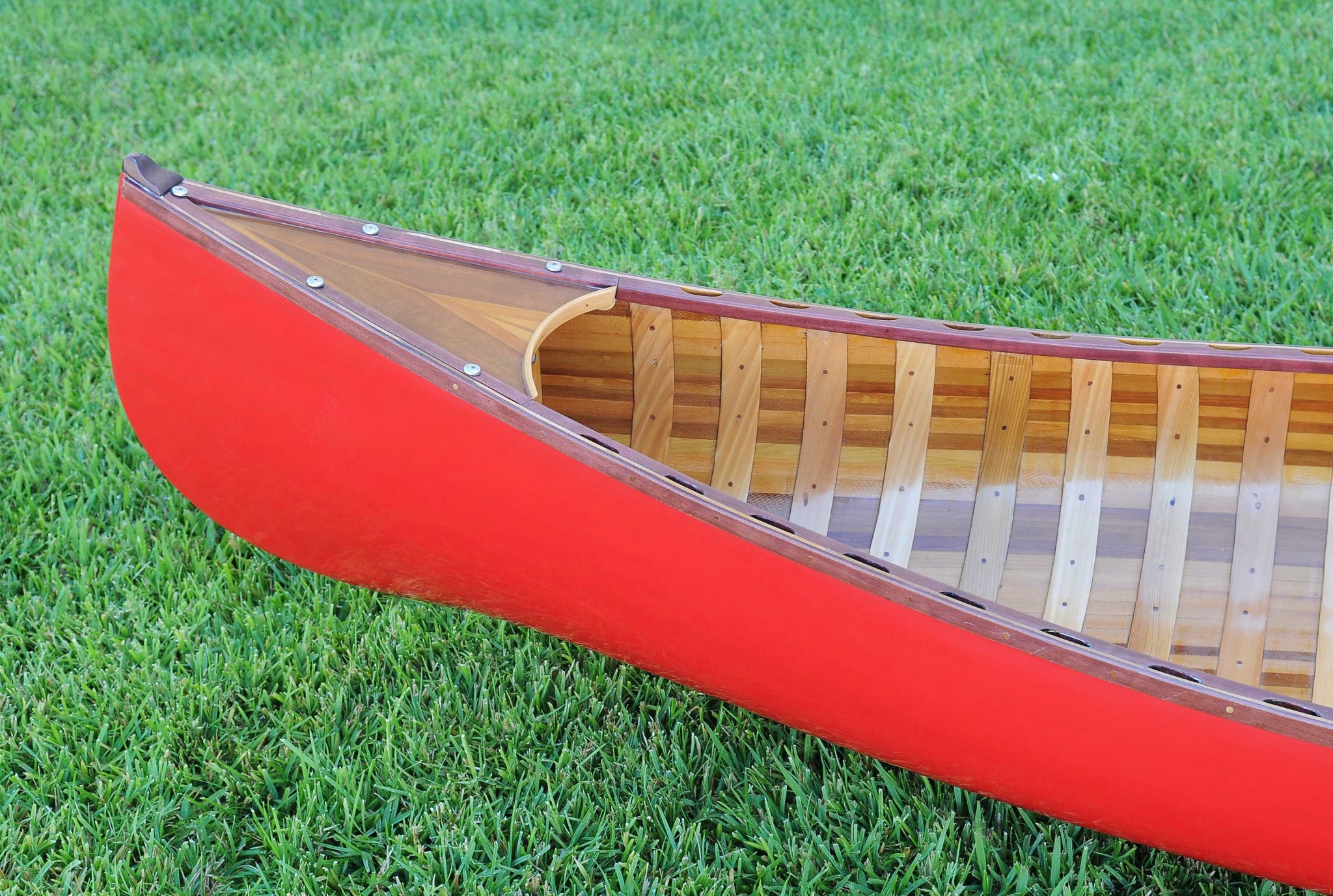 26.5" x 117" x 20" Red Wooden Canoe With Ribs Curved Bow