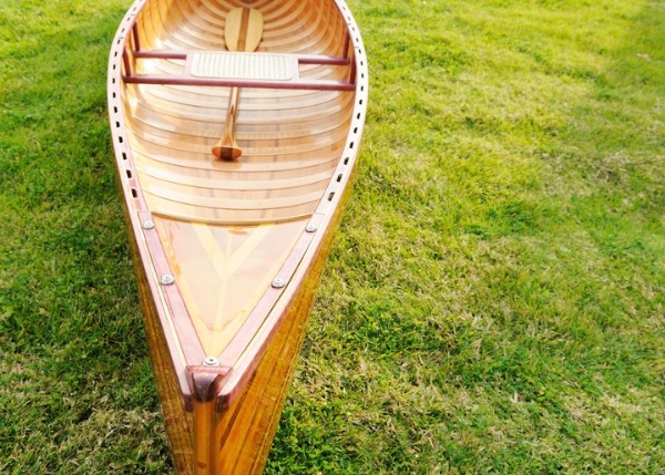 26.25" x 118.5" x 16" Wooden Canoe With Ribs Curved Bow