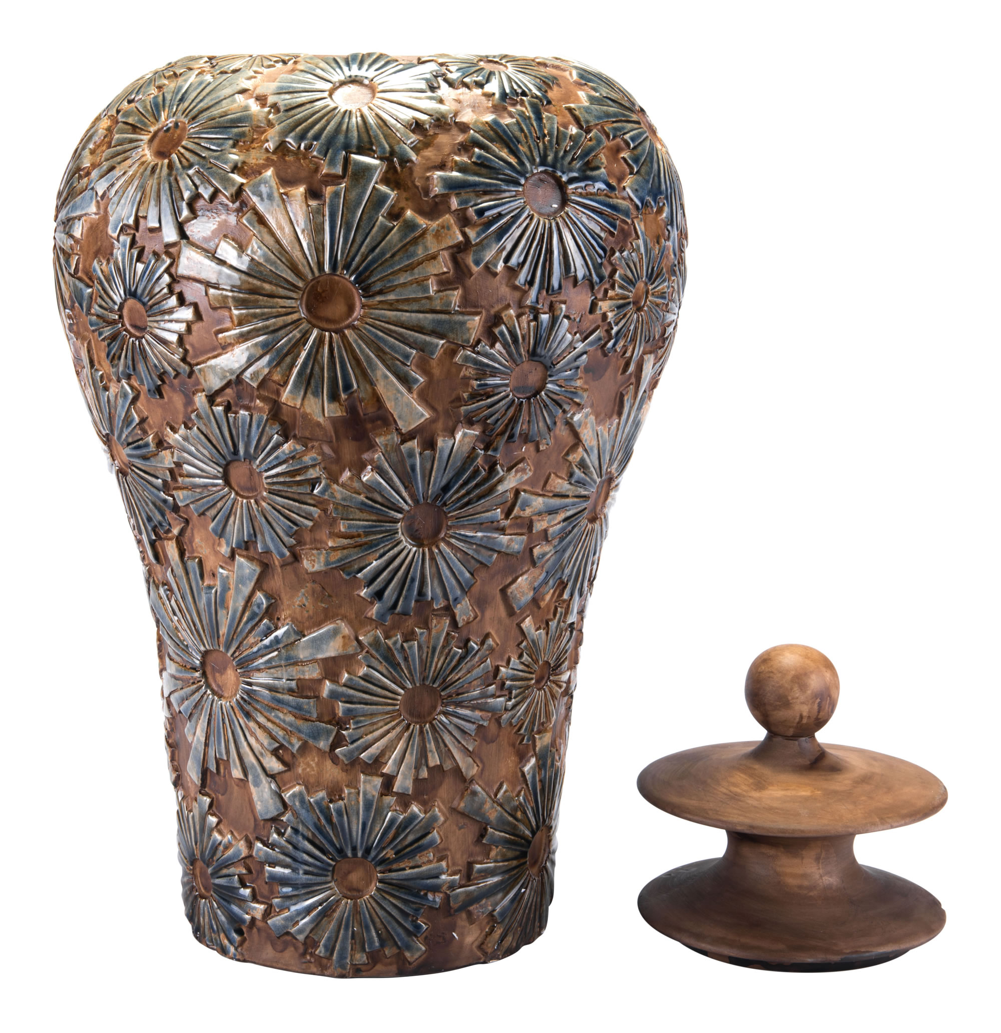 16.3" x 16.3" x 29.7" Brown, Ceramic, Large Temple Jar