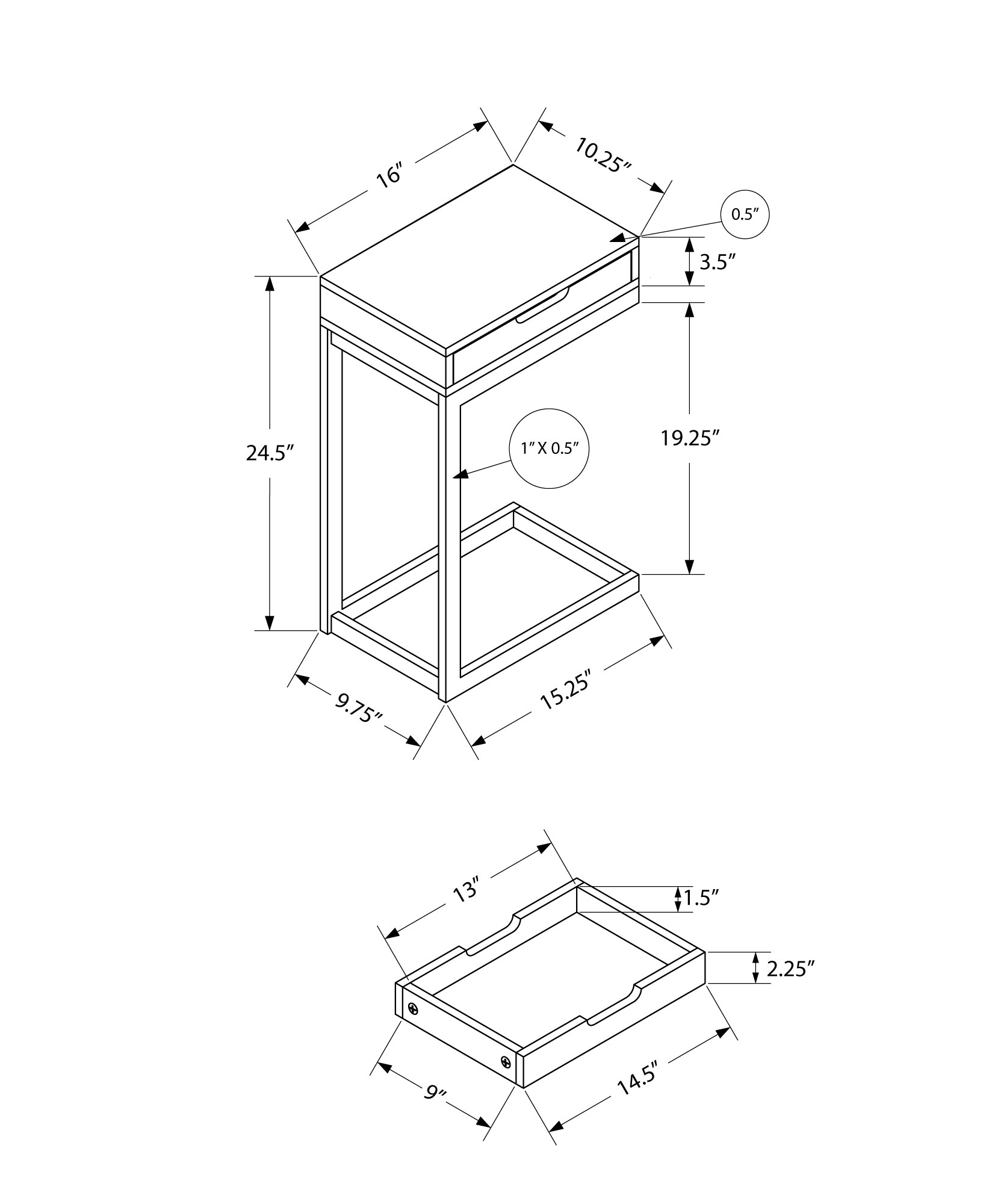 16" X 10.25" X 24.5" White Metal With A Drawer Accent Table