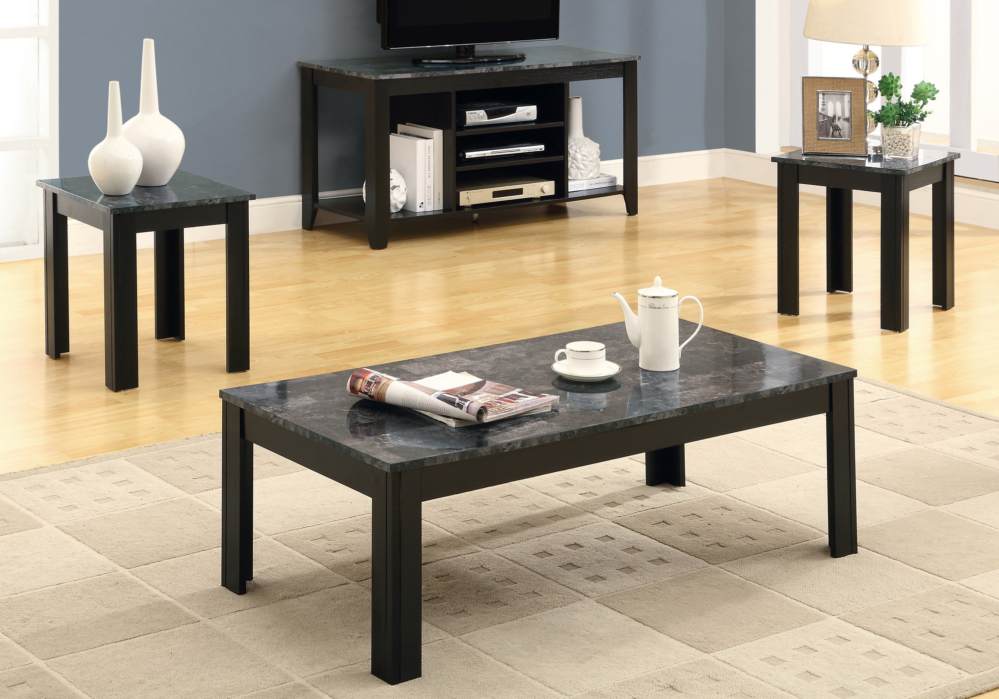 Black Grey Marble-Look Top Table Set - 3Pcs Set