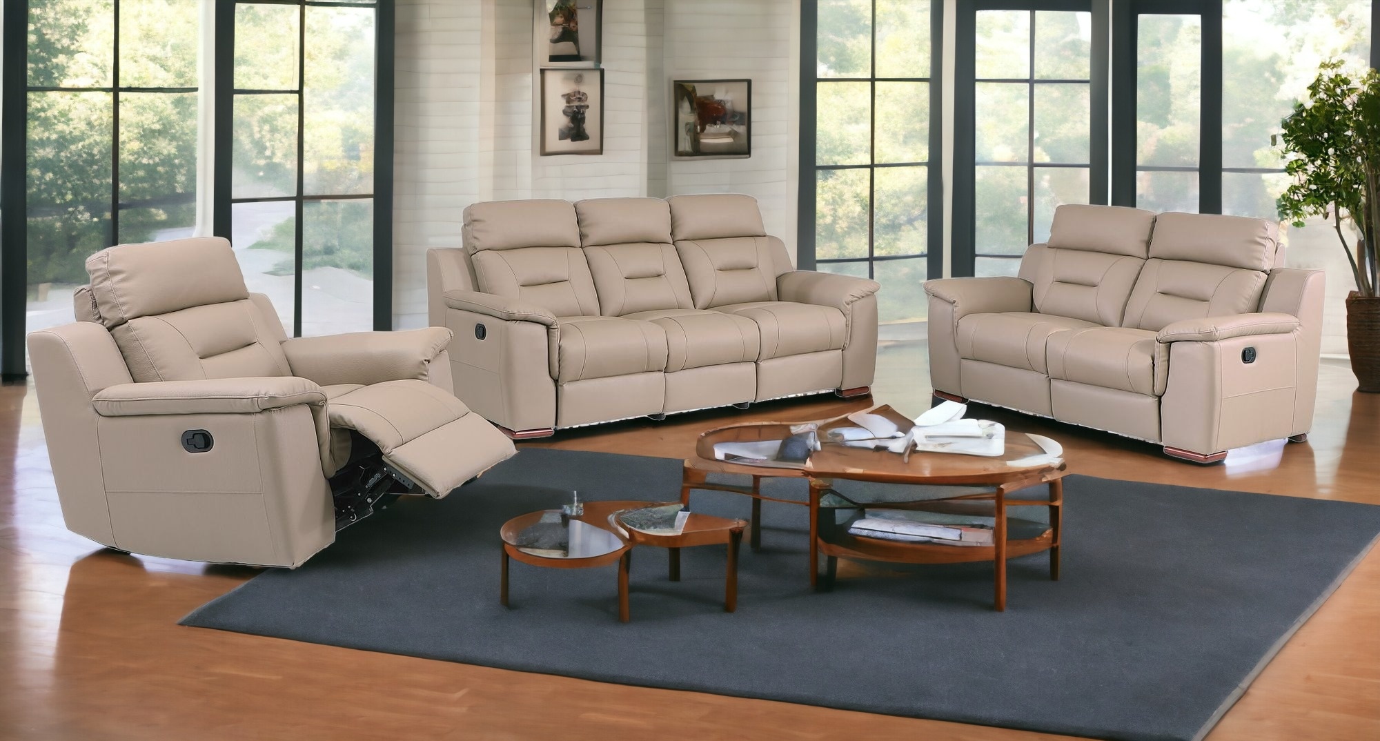 Three Piece Indoor Beige Genuine Leather Five Person Seating Set-366193-1