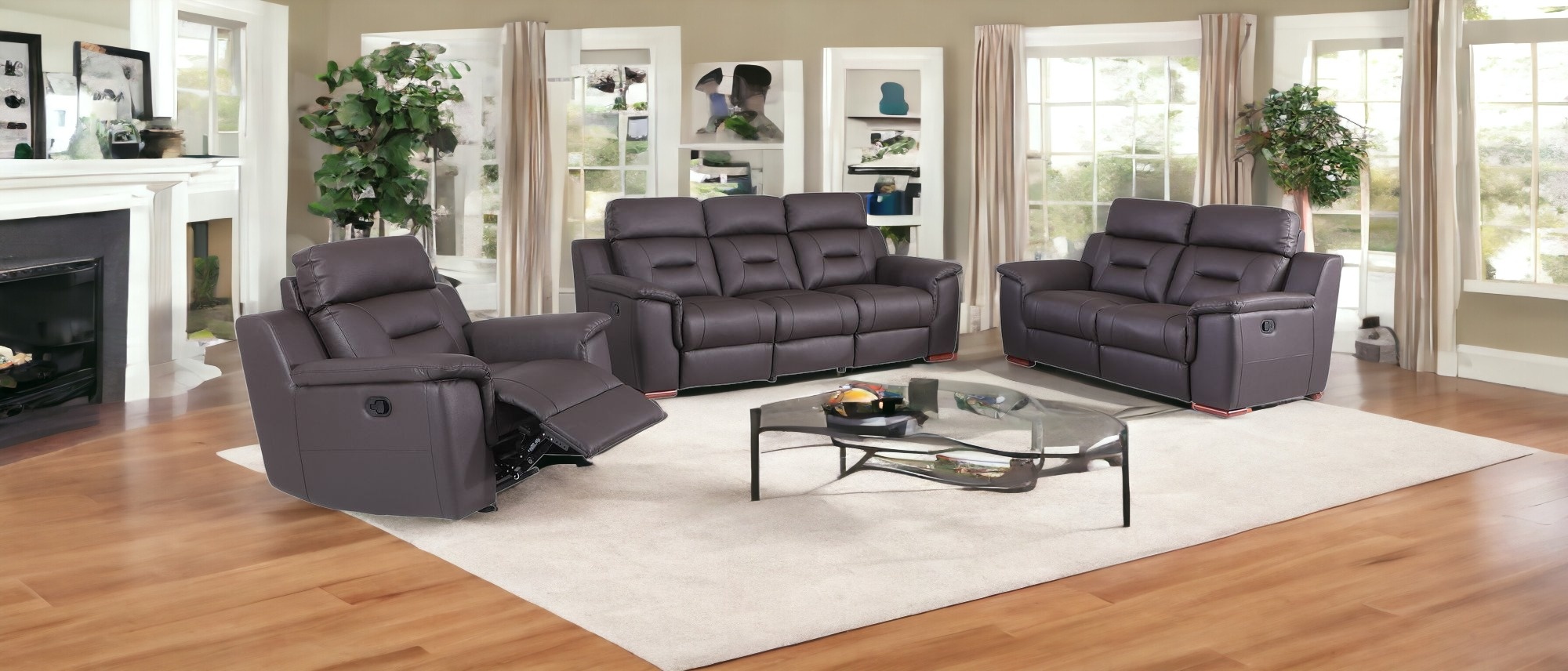 Three Piece Indoor Brown Genuine Leather Five Person Seating Set-366194-1