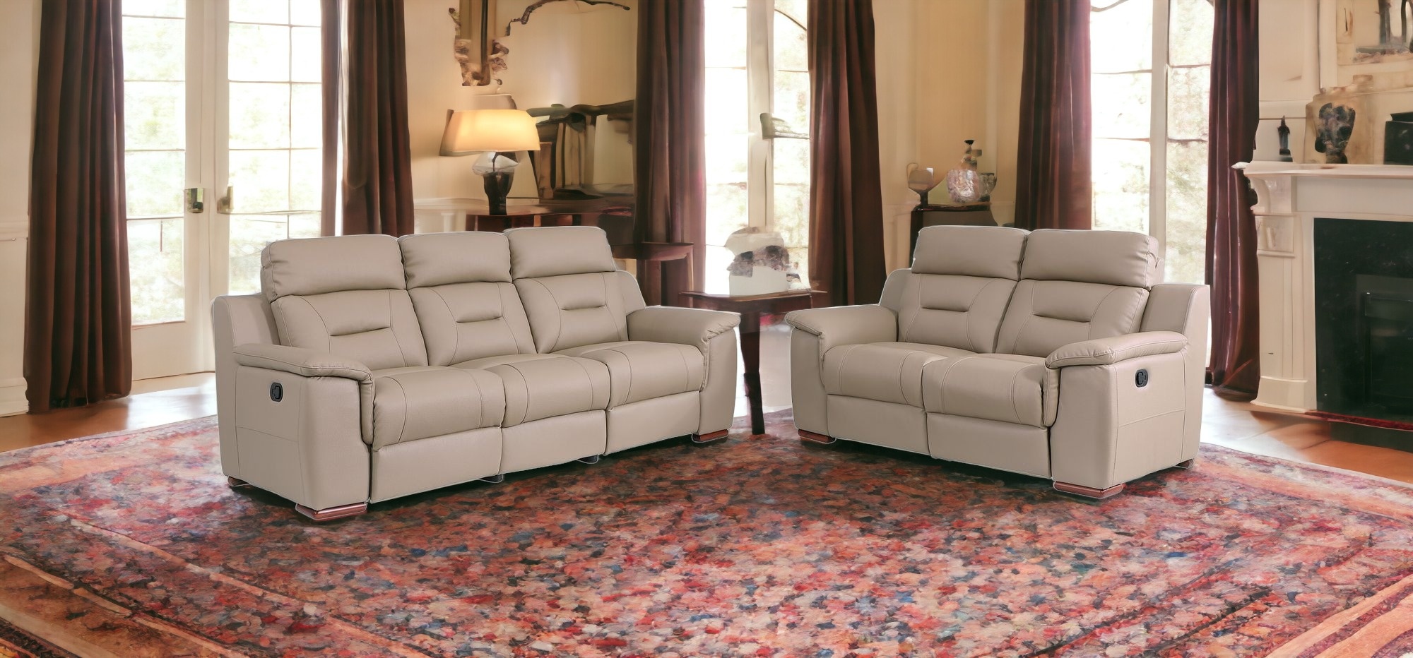 Two Piece Indoor Beige Genuine Leather Five Person Seating Set-366204-1