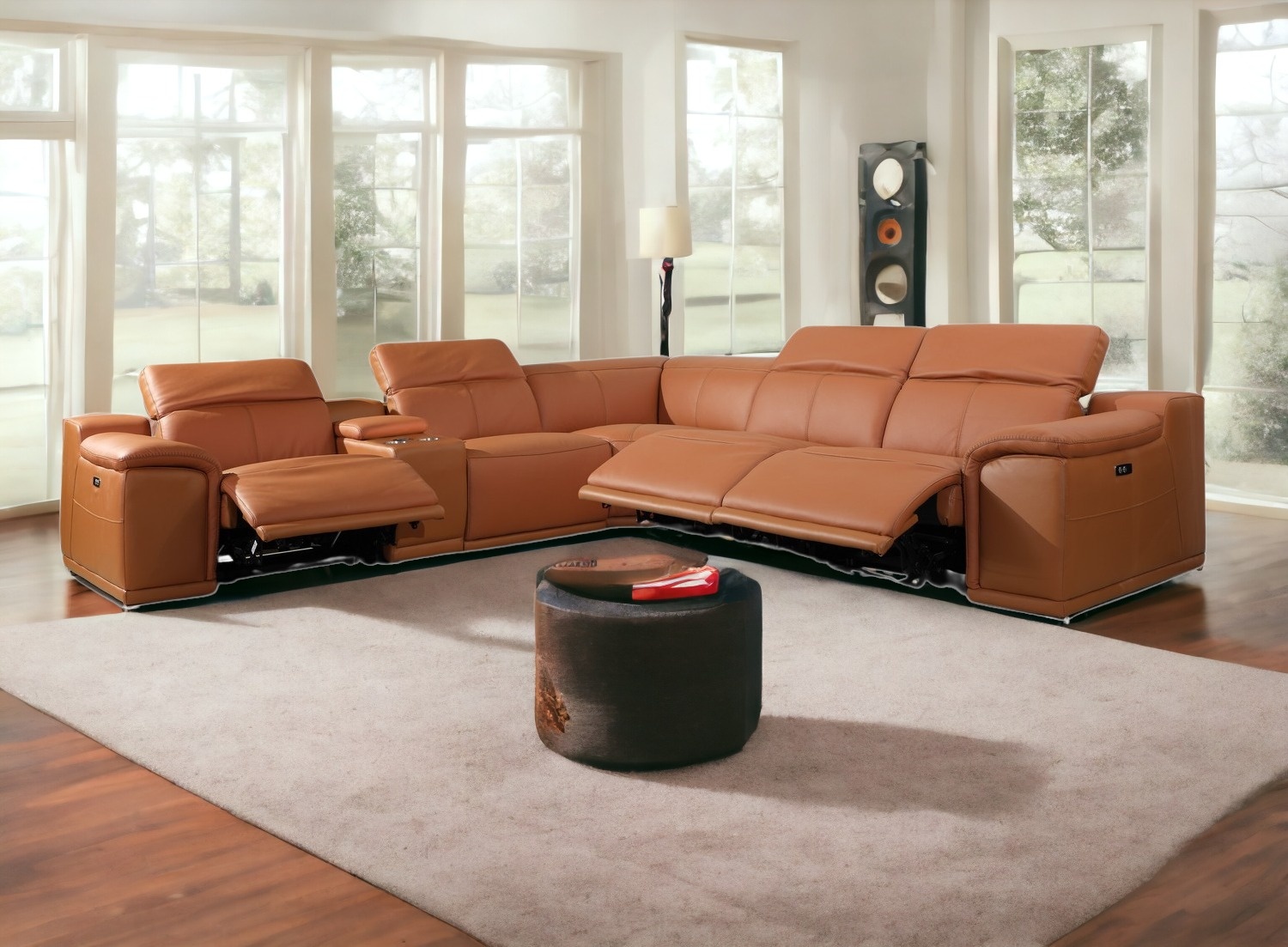 Camel Italian Leather Power Reclining U Shaped Six Piece Corner Sectional With Console-366351-1
